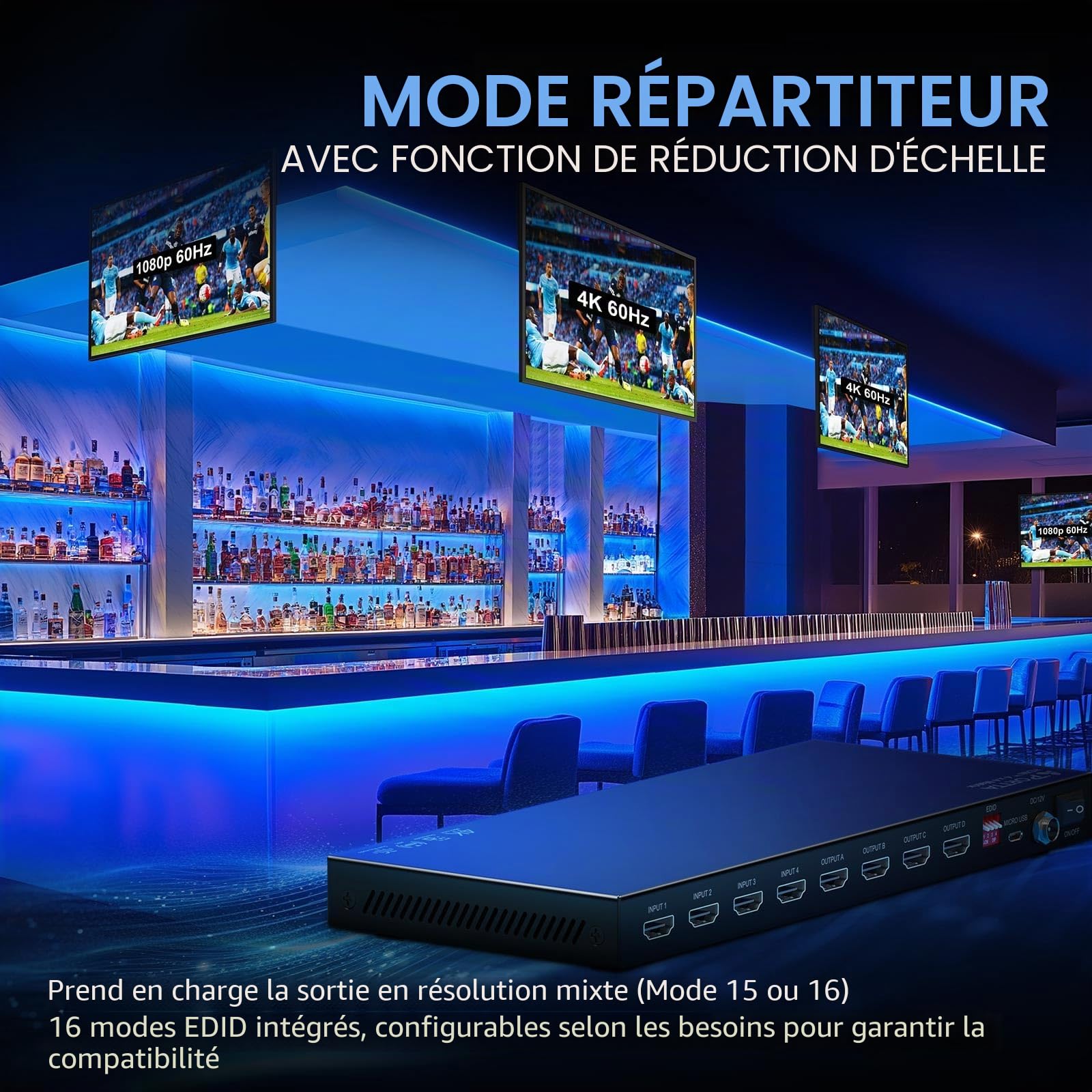 4x4 HDMI Matrix 4K 60Hz, PORTTA 4 in 4 Out Switch Splitter avec Arc, Toslink 3.5mm Audio Extractor, 16 EDID Modes, 4K Downscale, et IR Remote Soutien HDMI 2.0b, HDCP 2.3/2.2/1.4, HDR, 18Gbps