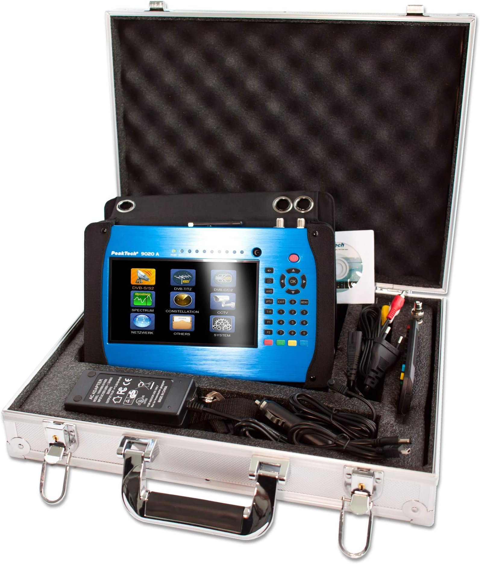 PeakTech 9020 A - DVB-C/S2/T2 Meter with TFT Color Display and Live Image, TV System Test, Cable or Satellite Signal Search Device, HDMI & AV-in/Out, USB Port, H.265 Codec, WiFi and LAN Interface