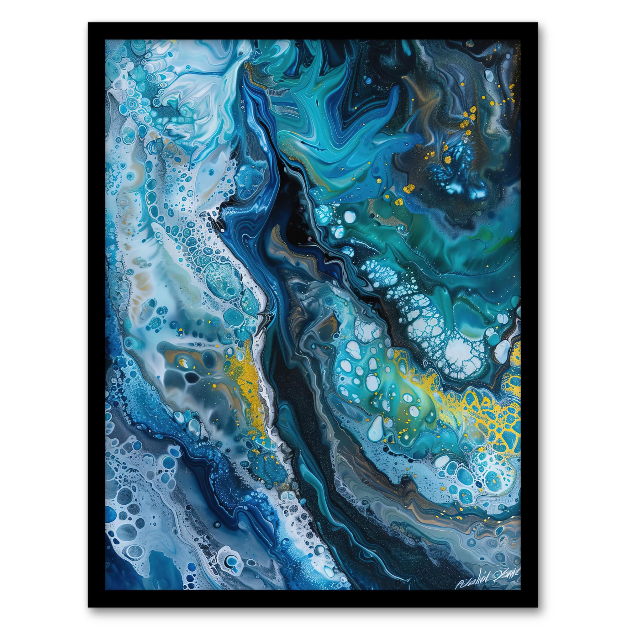 Artery8 Liquid Paint Teal Blue Yellow Abstract Painting Living Room Bathroom Artwork Framed Wall Art Print A4