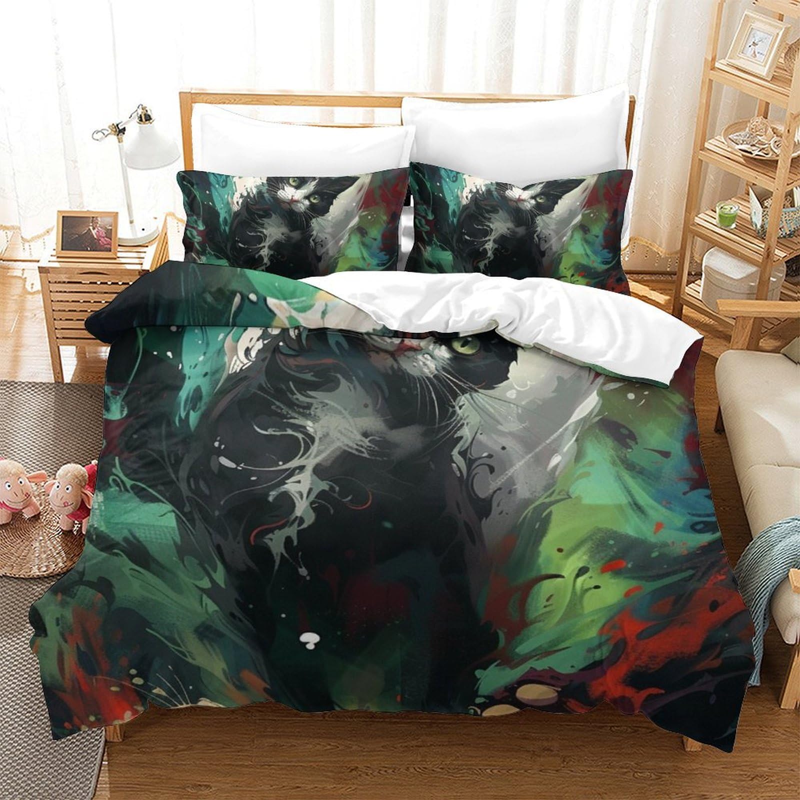 Housse de couette chat 3D respirante et parure de lit ultra douce en microfibre thermorégulatrice