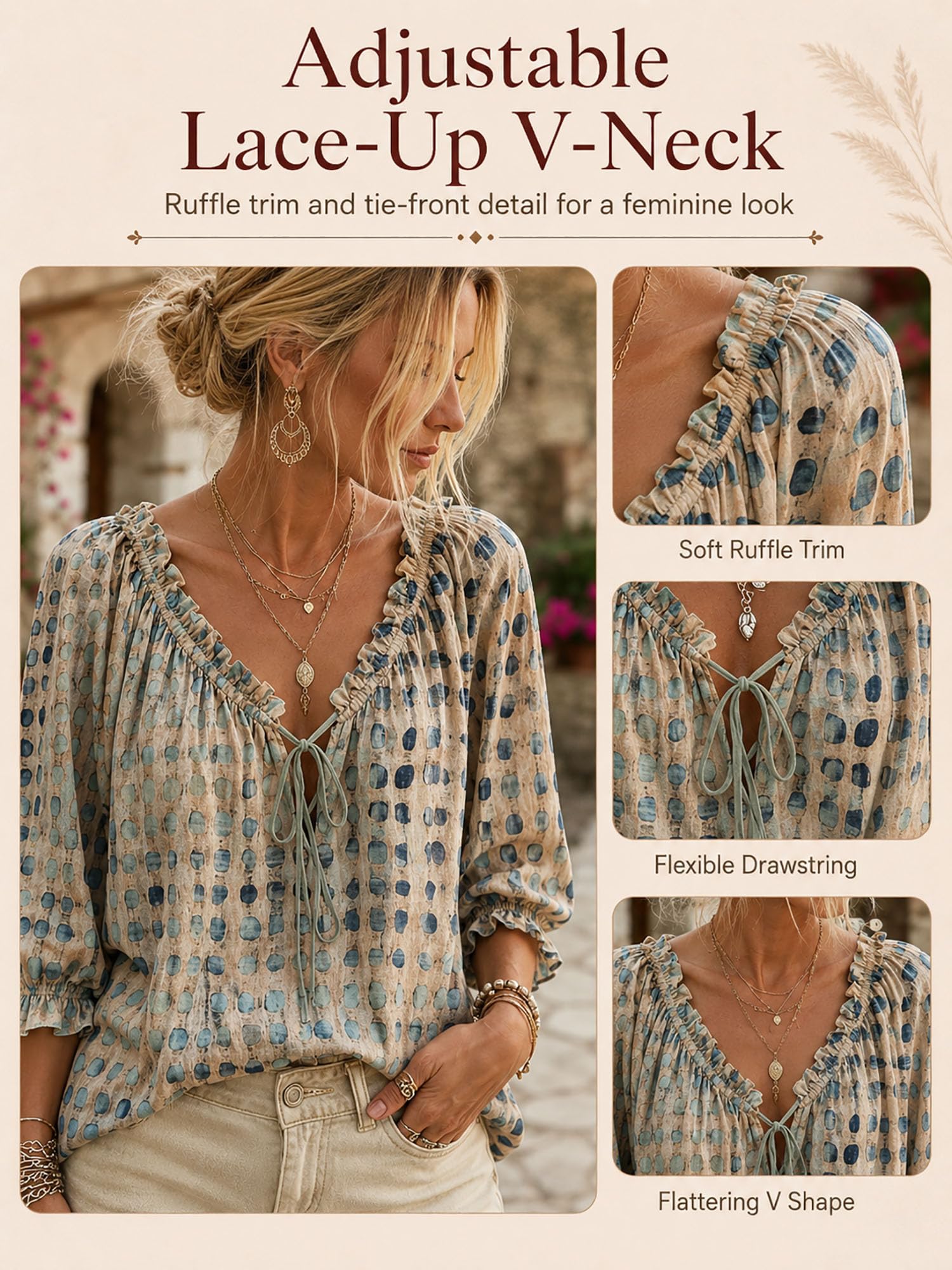 Polka Dot Lace Up Blouse for Women, V Neck Ruffle 3/4 Sleeve Summer Casual Loose Flowy Boho Tops