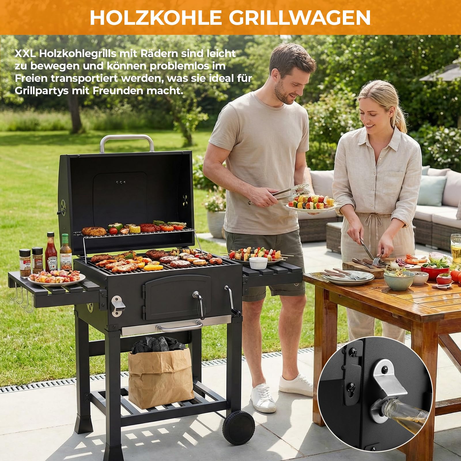 LIFERUN Parrilla de Carbón XXL con Tapa, Carrito Barbacoa con Cubierta Impermeable, Ruedas y Termómetro, Altura ajustable, Grande BBQ Smoker para Camping y Jardín, 122x104x54,5 cm