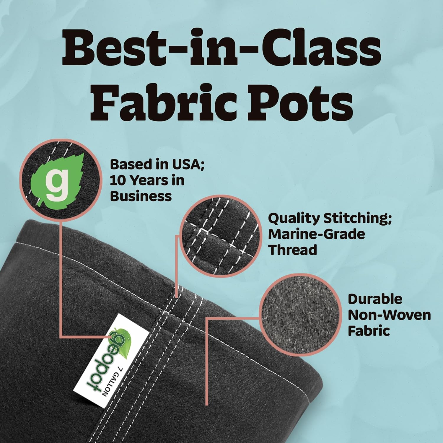 GeoPot 7 Gallon Fabric Grow Bags for Vegetables, Houseplants, Herbs & Flowers |5-Pack| Fabric Pots for Outdoors and Indoors, Aerated Fabric Grow Bags