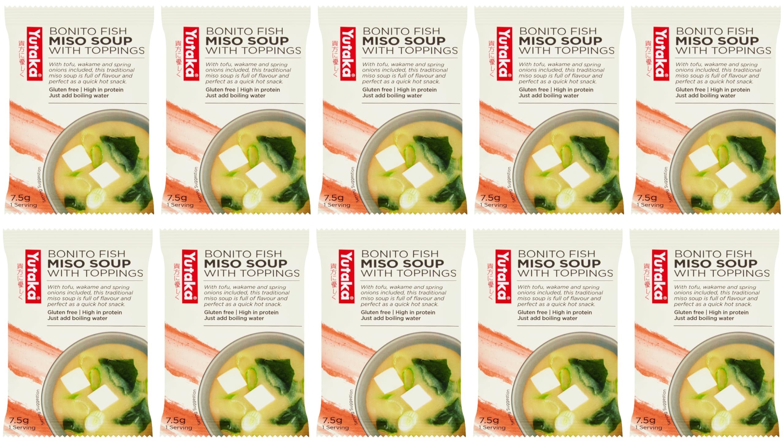 Yutaka - Instant Bonito Fish Miso Soup with Toppings 7.5g, Pack of 10 - Japanese-Style Freeze-Dried Soup with Tofu, Seaweed & Spring Onion - Gluten Free, High Protein, Quick & Authentic Hot Snack