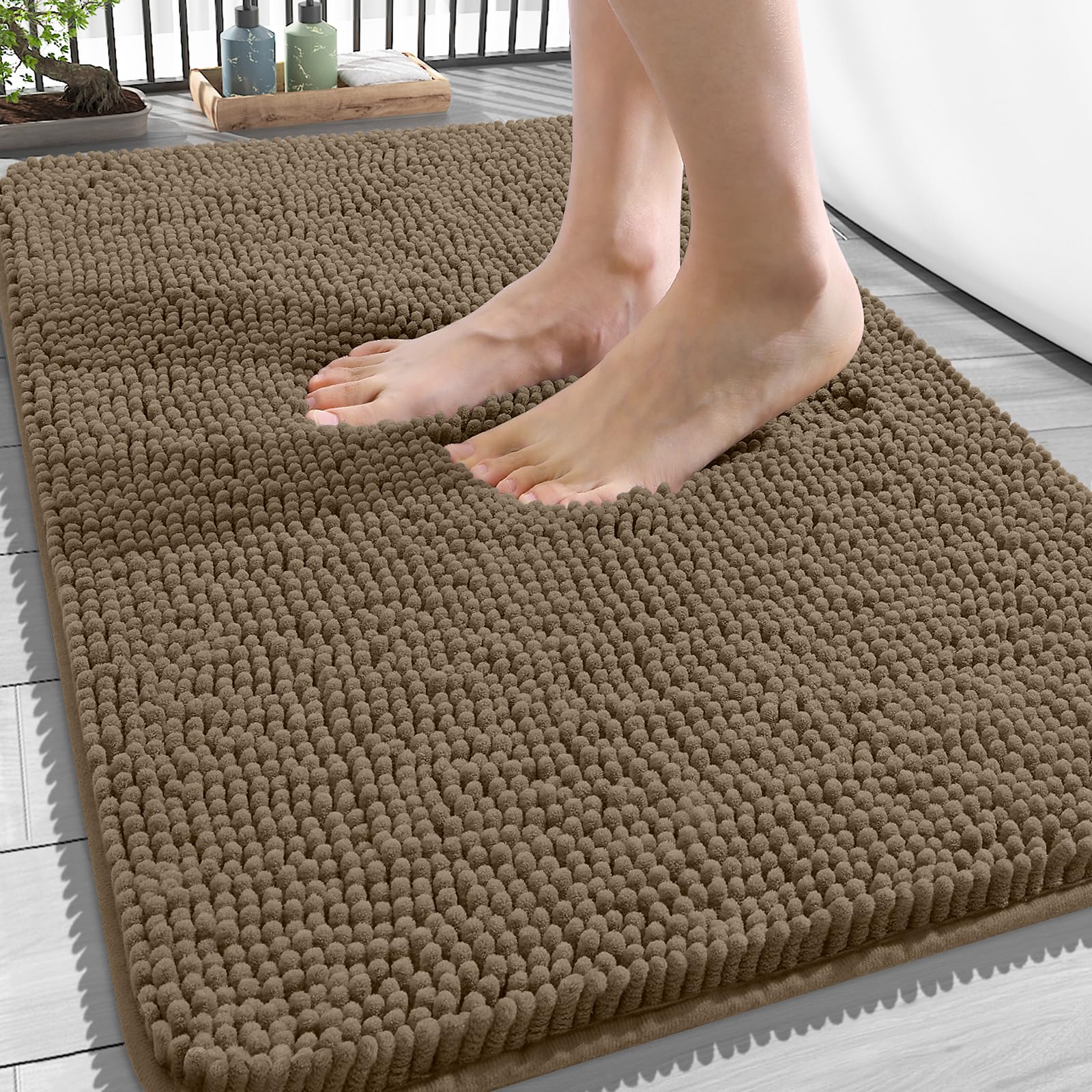 OLANLY Bathroom Rugs 34x21, Extra Soft Absorbent Chenille Bath Rugs | Tan, Quick-Drying Rubber Backing, Machine Washable Bath Mat for Bathroom Floor, Tub and Shower, Home Decor Accessories