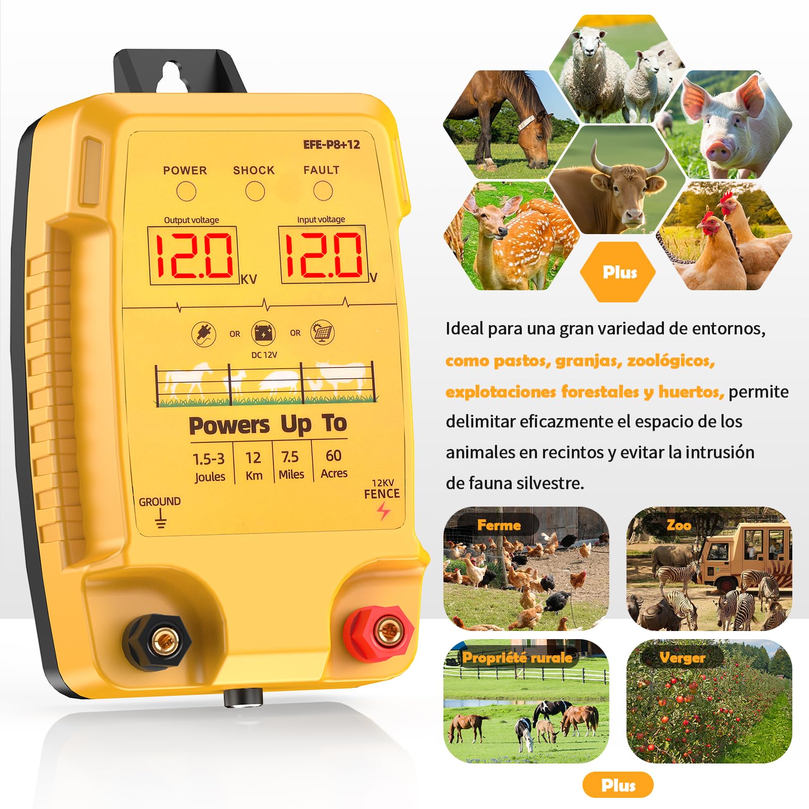 12KM Valla Eléctrica para Ganado y Animales, Electrificador de Cerca con Salida de 12kV 3.0J y Pantalla LCD, Protección para Caballos, Ovejas, Perros, Jardines, Pastos y Granjas (Naranja)