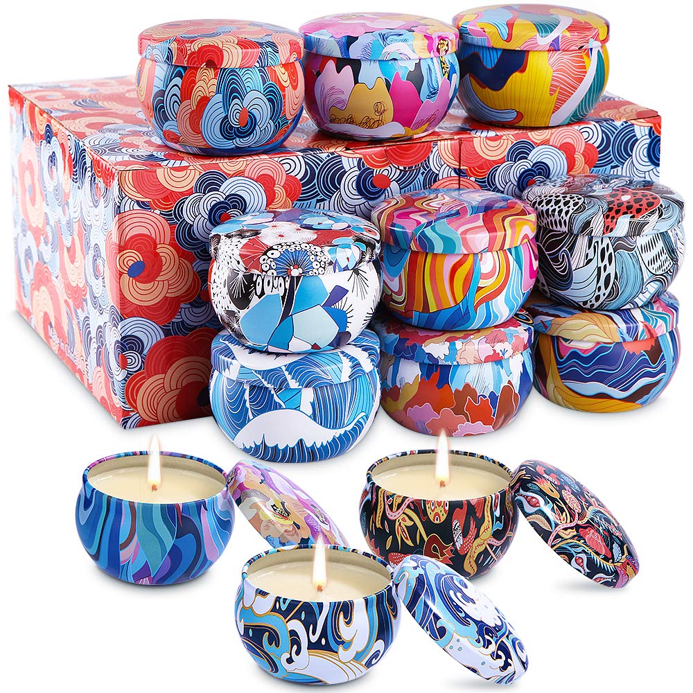 Viesap Velas Perfumadas, 12pcs Cera de Soja 100% Natural, Vela Aromatica de Viaje en Lata de Estañoa, Regalos para Mujer de San Valentin, Día del Padre, Aniversario, Yoga