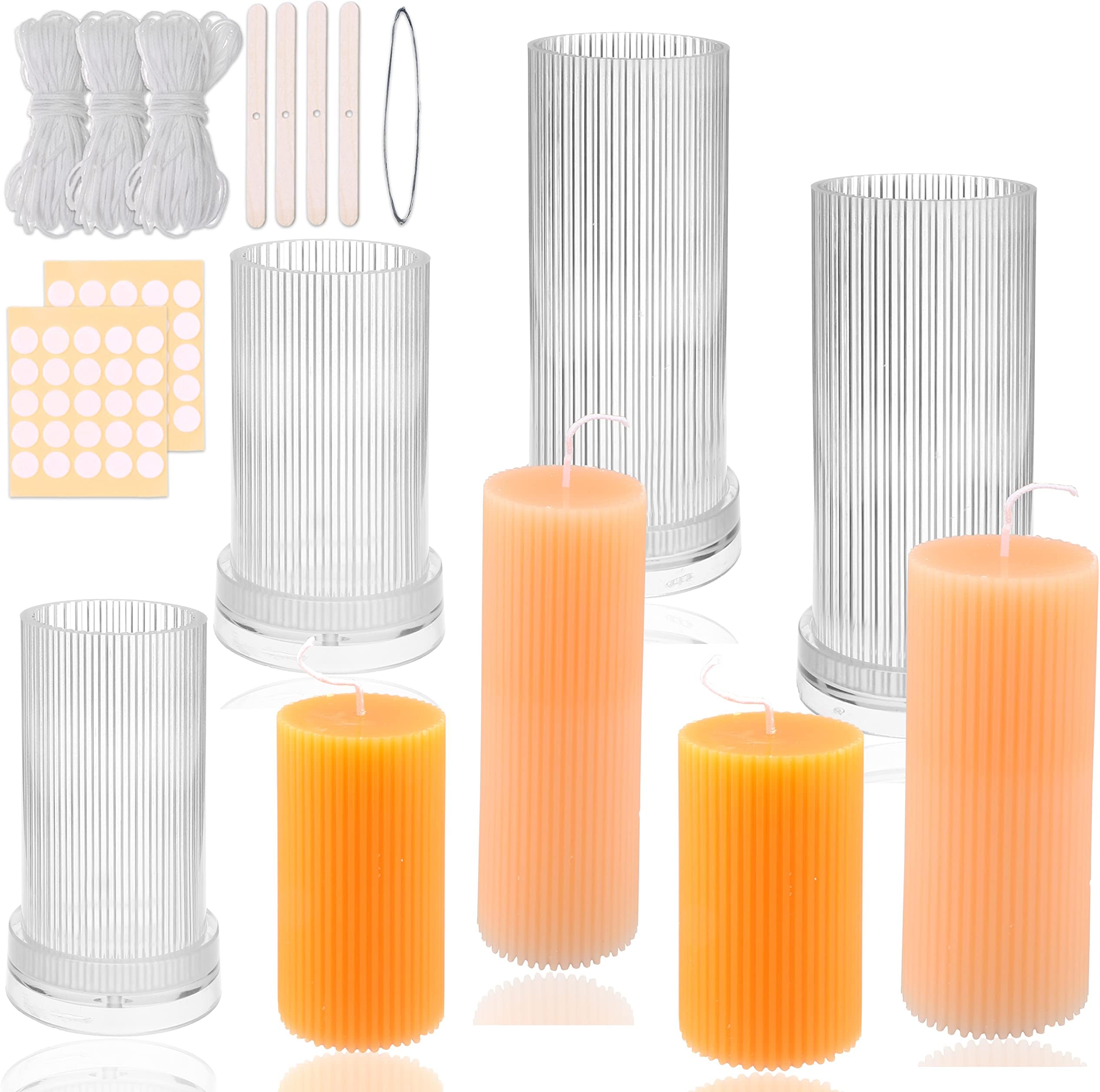 MILIVIXAY 4PCS Pillar Ribbed Cylinder Candle Molds ,Candle Making Molds-90 Ft. of Wick, 50pcs Wick Stickers, 4pcs Wick Holders and 1pc Iron Wire Included as a Gift.