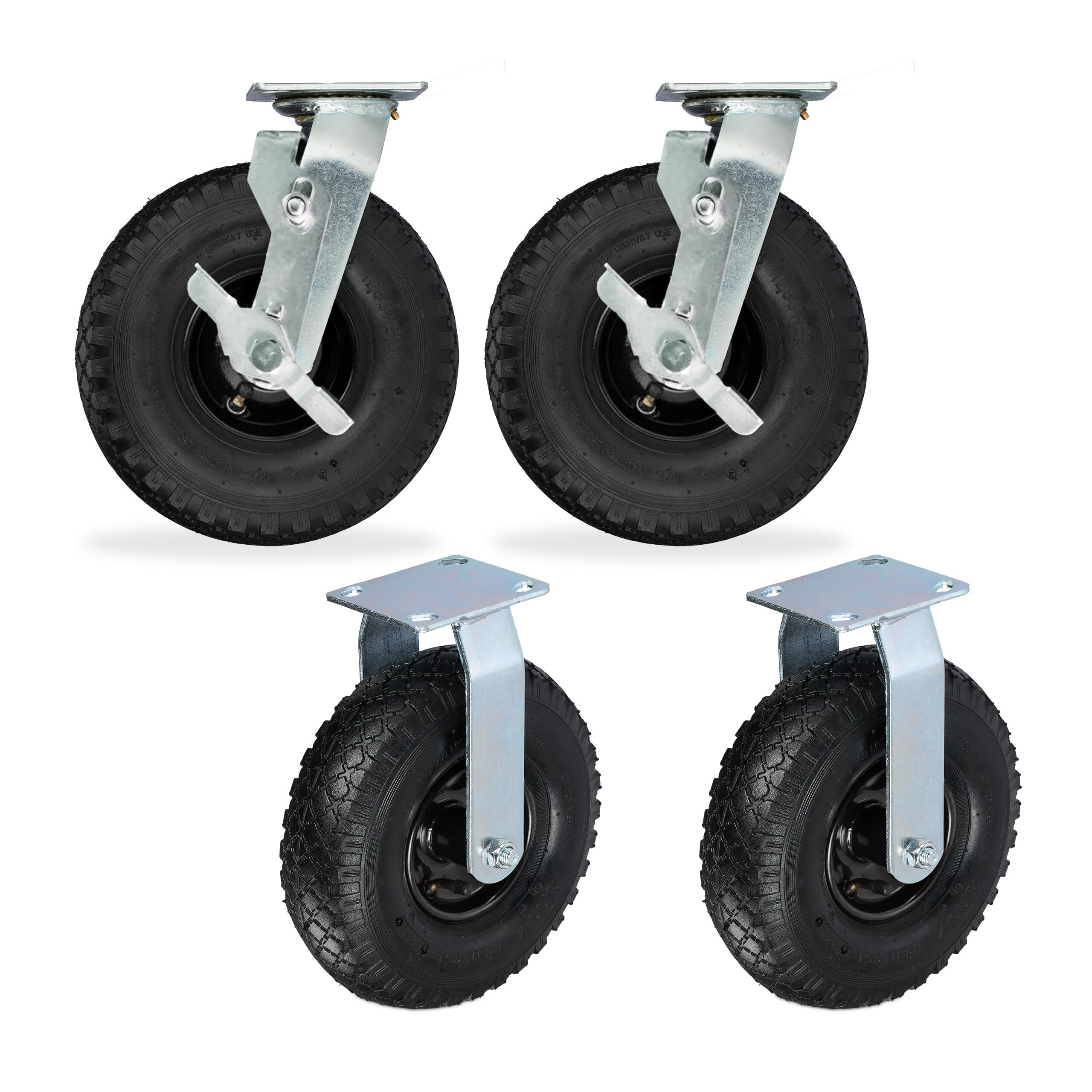 Relaxdays Set 2 Ruote fisse + 2 girevoli, pneumatiche Portata 120 kg, 3.00-4, Nero/Argento, Rotelle