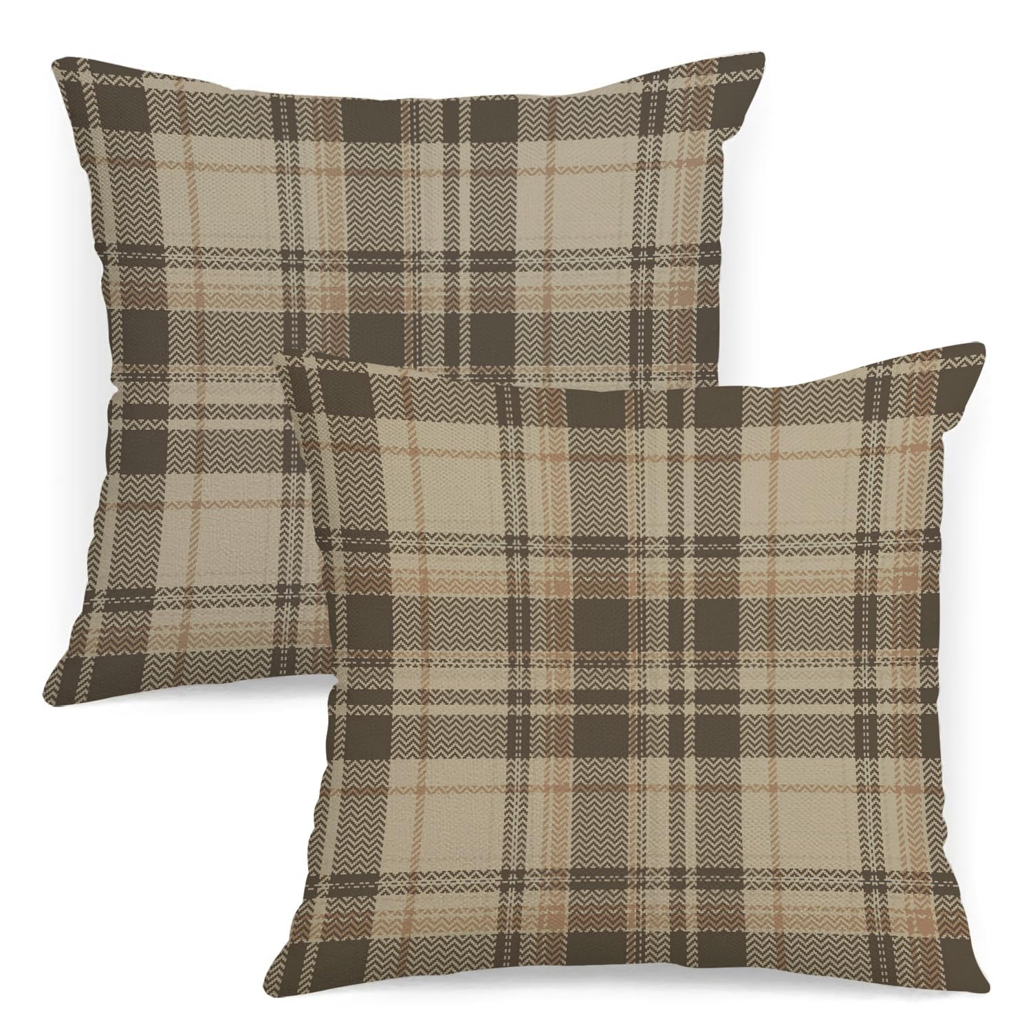 Traditional Plaid Pillow Covers 18x18 Set of 2 Grey Brown Beige Check Tartan Gingham Autumn Plaid Themed Decorative Throw Pillows Outdoor Pillowcases Square Farmhouse Cushion Thanksgving Home Decor