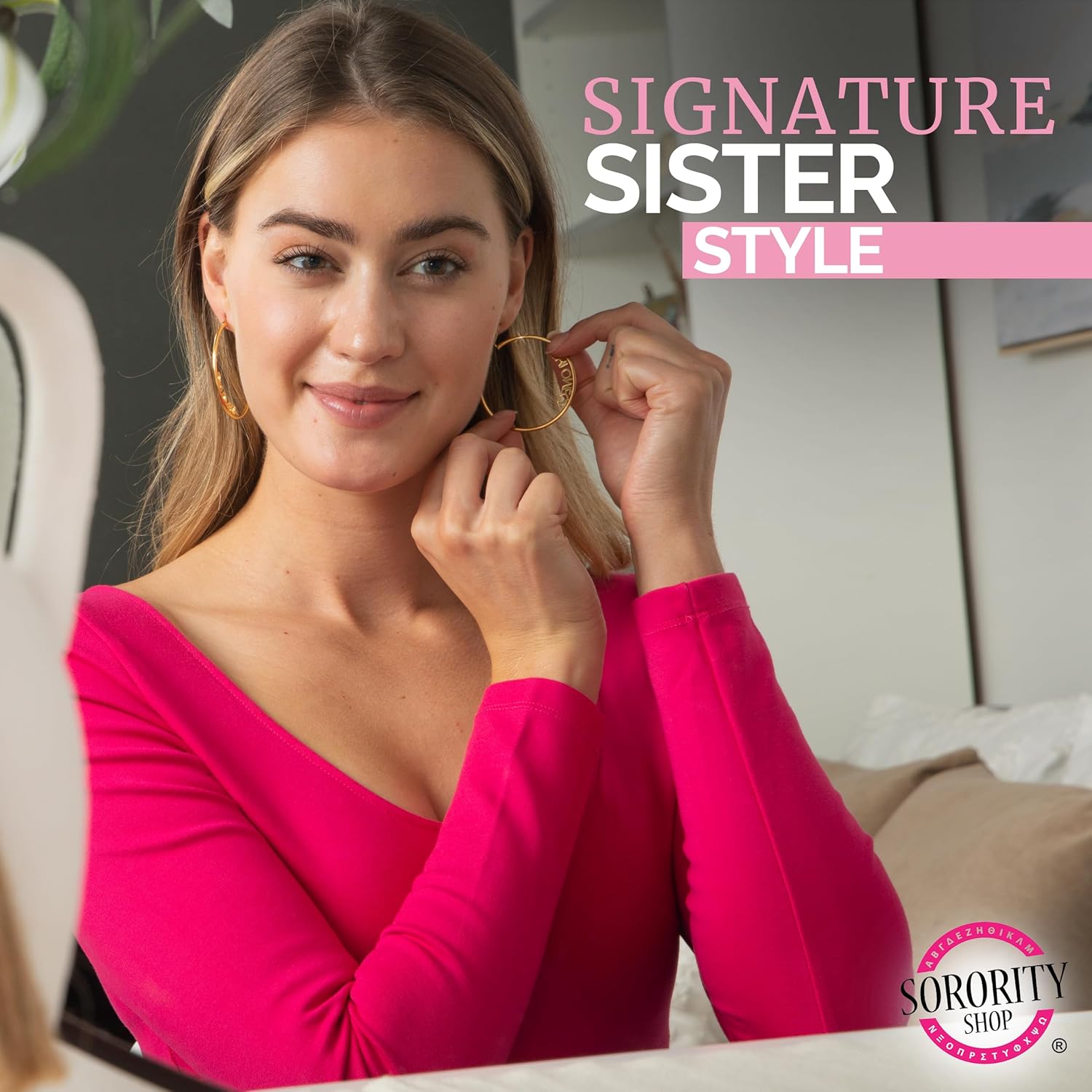 Sorority Shop Alpha Delta Pi- Hoop 18K Gold Plated Dainty Earrings for Women - Alpha Delta Pi Jewelry with Ideal 2" Diameter Hoops - Alpha Delta Pi Gifts - Image 5