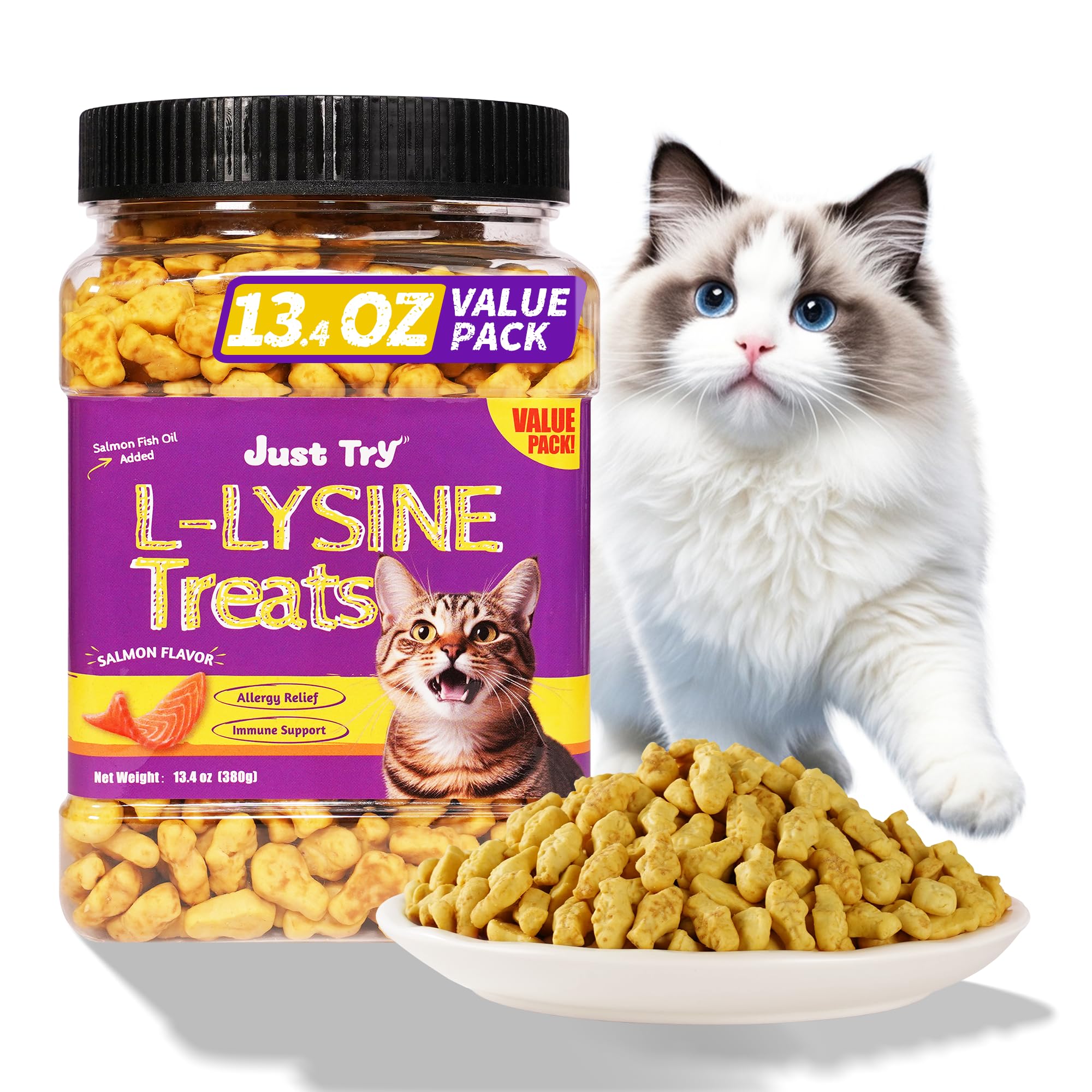 Just Try 13.4 OZ Lysine Cat Treats Natural Salmon Flavor Healthy Cat Training Biscuits Snacks Lysine Dental Care Treats for Cats & Kittens