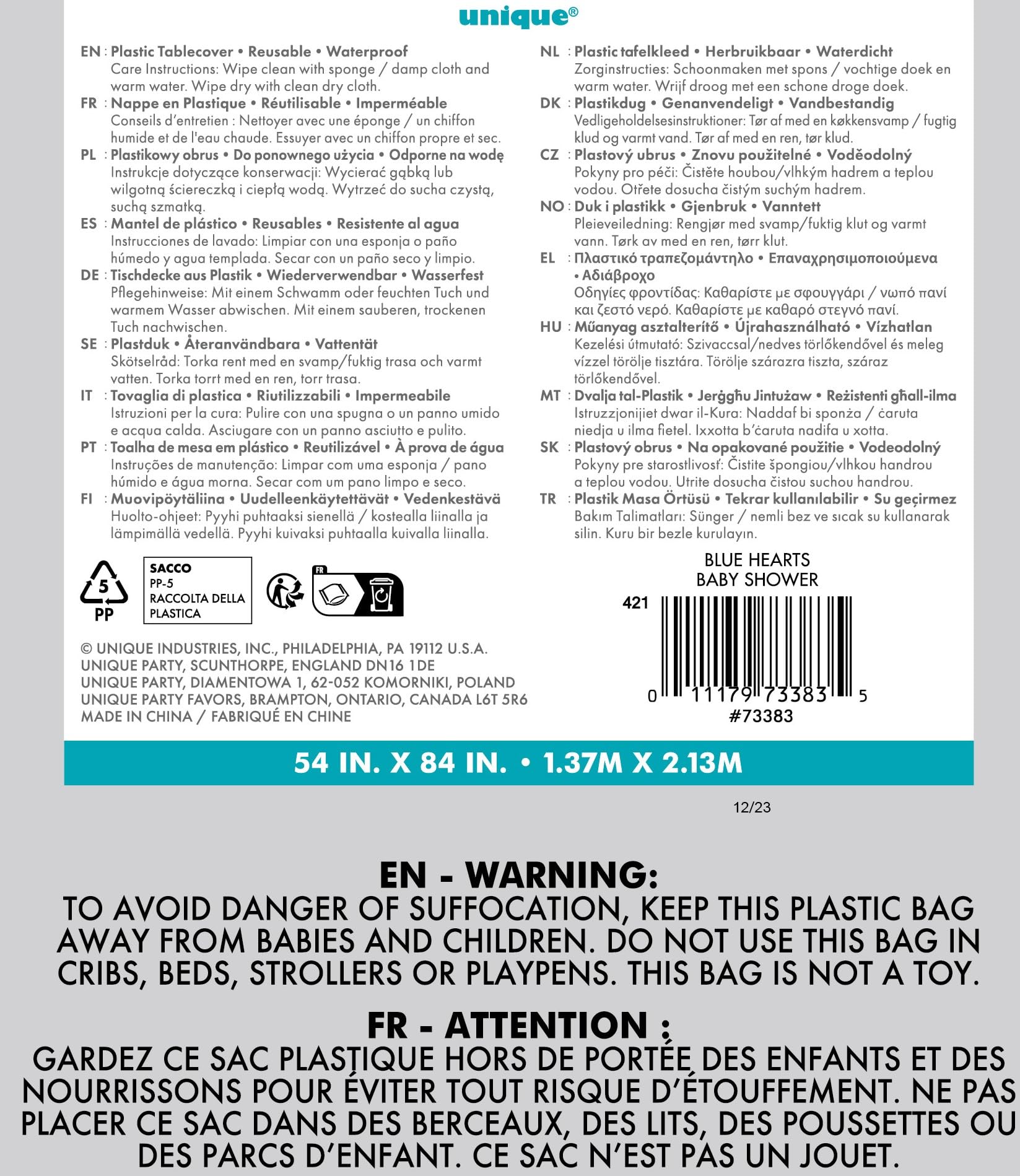 Unique Party 73523 - Nappe En Plastique - 2,13 X 1,37 M