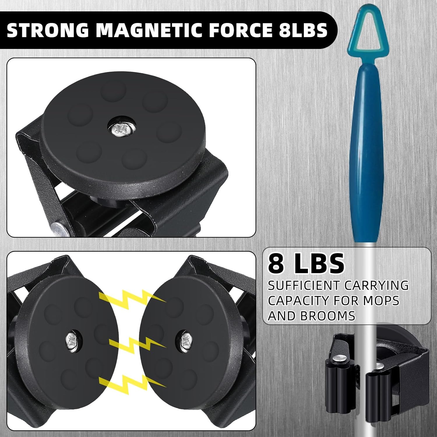 10 Pcs Magnetic Mop Broom Holder Movable Magnetic Broom Holder Rack, Anti Slip Wall Mounted Utility for Cleaning Tools, Garage, Kitchen, Laundry, Garden (Black)