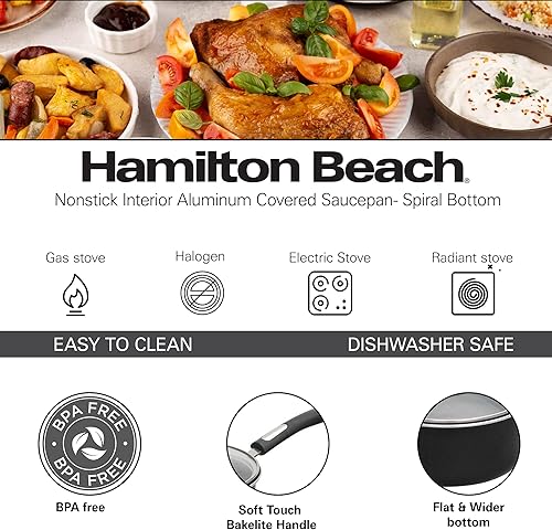 Miniatura 7 de Hamilton Beach Juego de utensilios de cocina cubiertos de aluminio, sartén antiadherente, horno holandés con mango de baquelita suave al tacto,