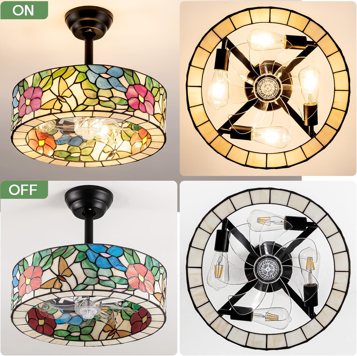 Tiffany Style Caged Ceiling Fan with Light – Handmade Painted Glass Shade, Chandelier Fan with Remote Control,6 Speeds,Reversible Motor and 1/2/4h Timer Fandelier for Living Room, Bedroom, Dining Room