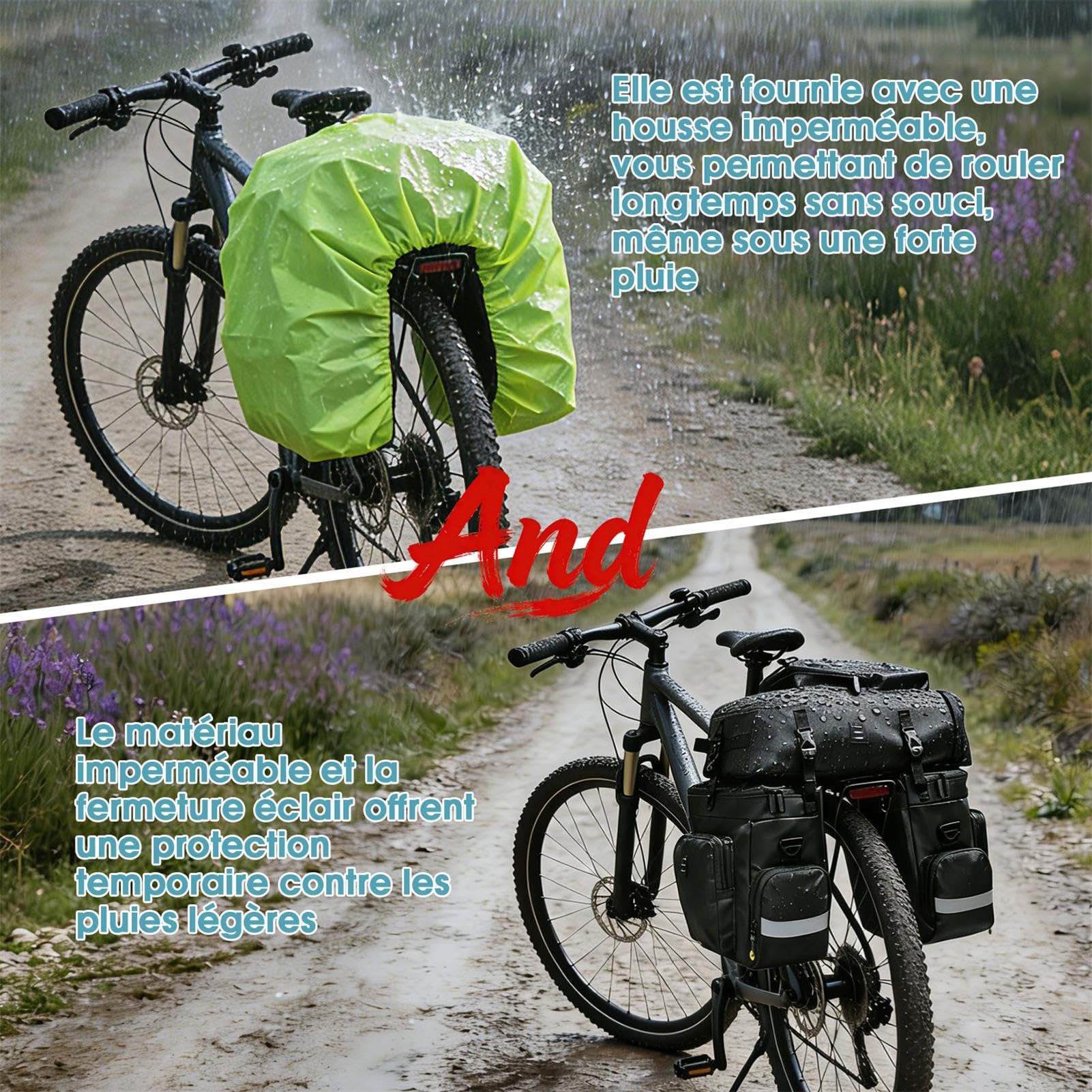 Sacoche Velo Porte Bagage Arriere, Sacoche Vélo 3 en 1 Multifonctionnel Étanche Grande Capacité Sac Velo avec Housse Imperméable, Sac à Dos pour VTT/Outdoor Voyage/Sport
