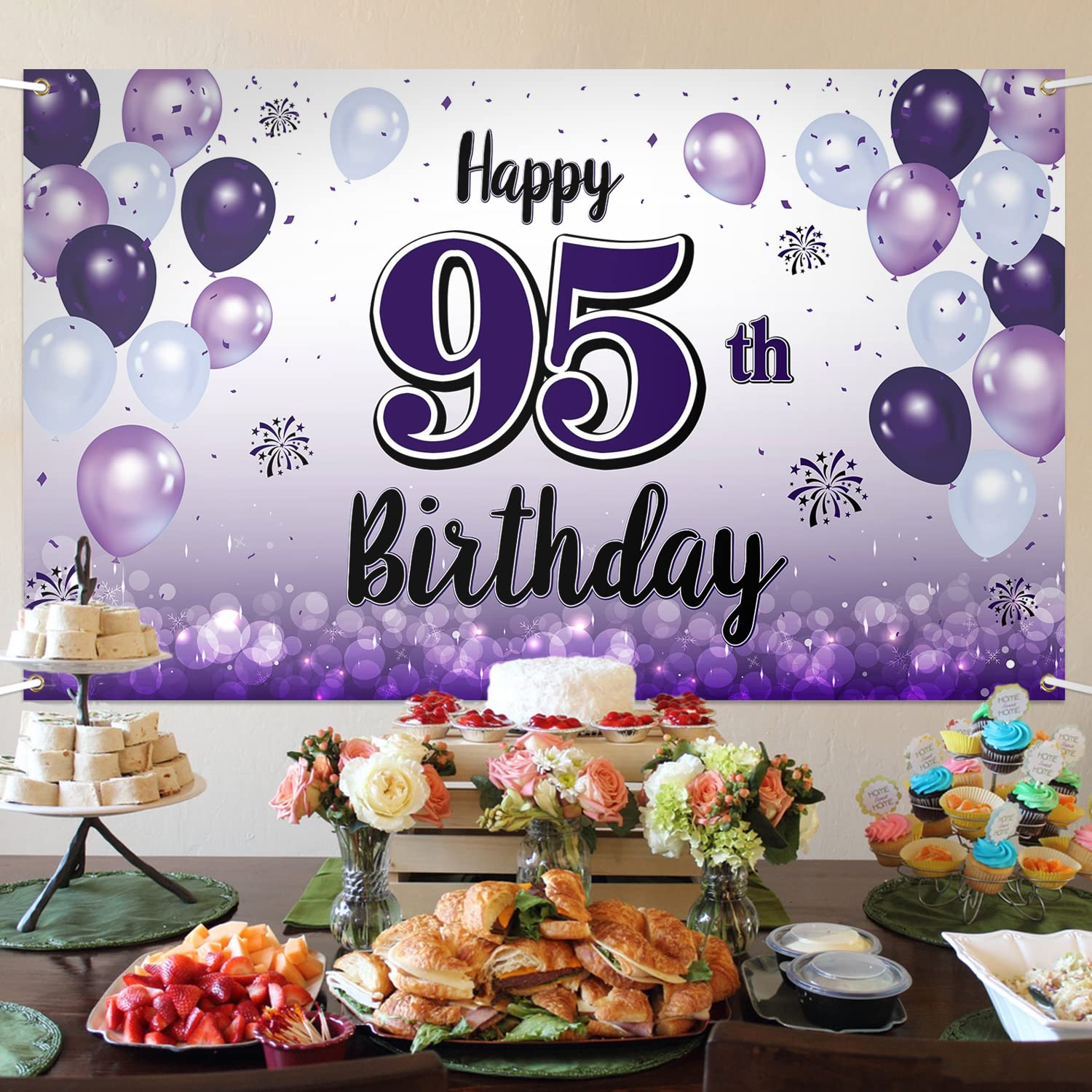 Black Silver Birthday Banner 9PCS 95th Birthday Decorations 95th ...