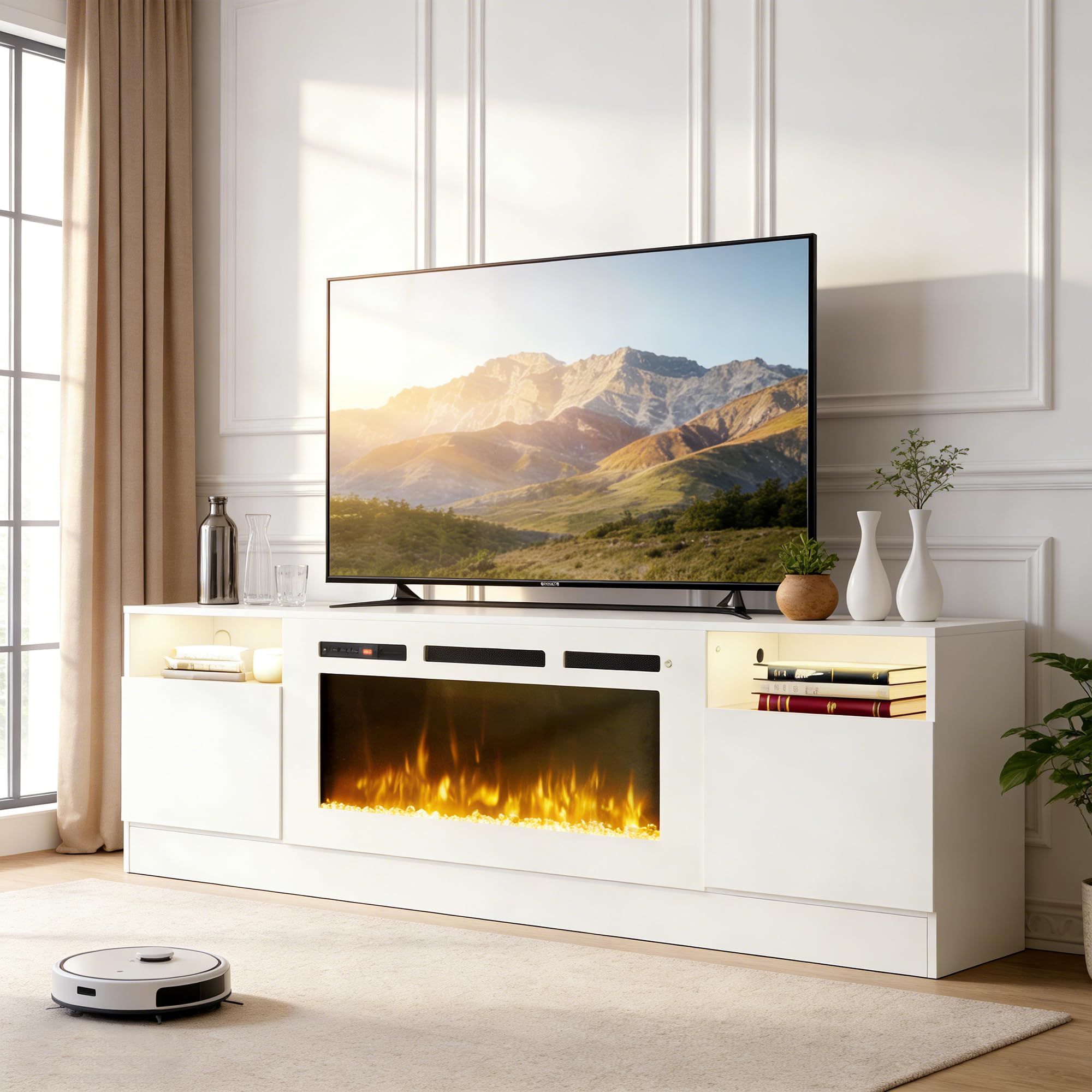 OneBlis 80" Fireplace TV Stand for TVs Up to 90", Entertainment Center with 36” Electric Fireplace and 12 Colors LED Lights, Large TV Console with