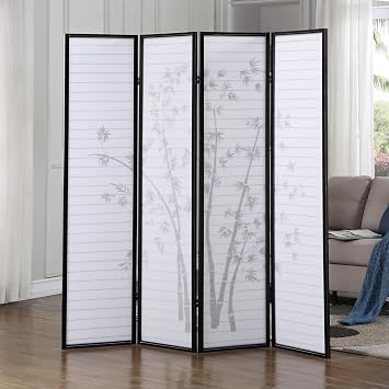 Roundhill Bamboo Print 4-Panel Framed Room Screen/Divider, black