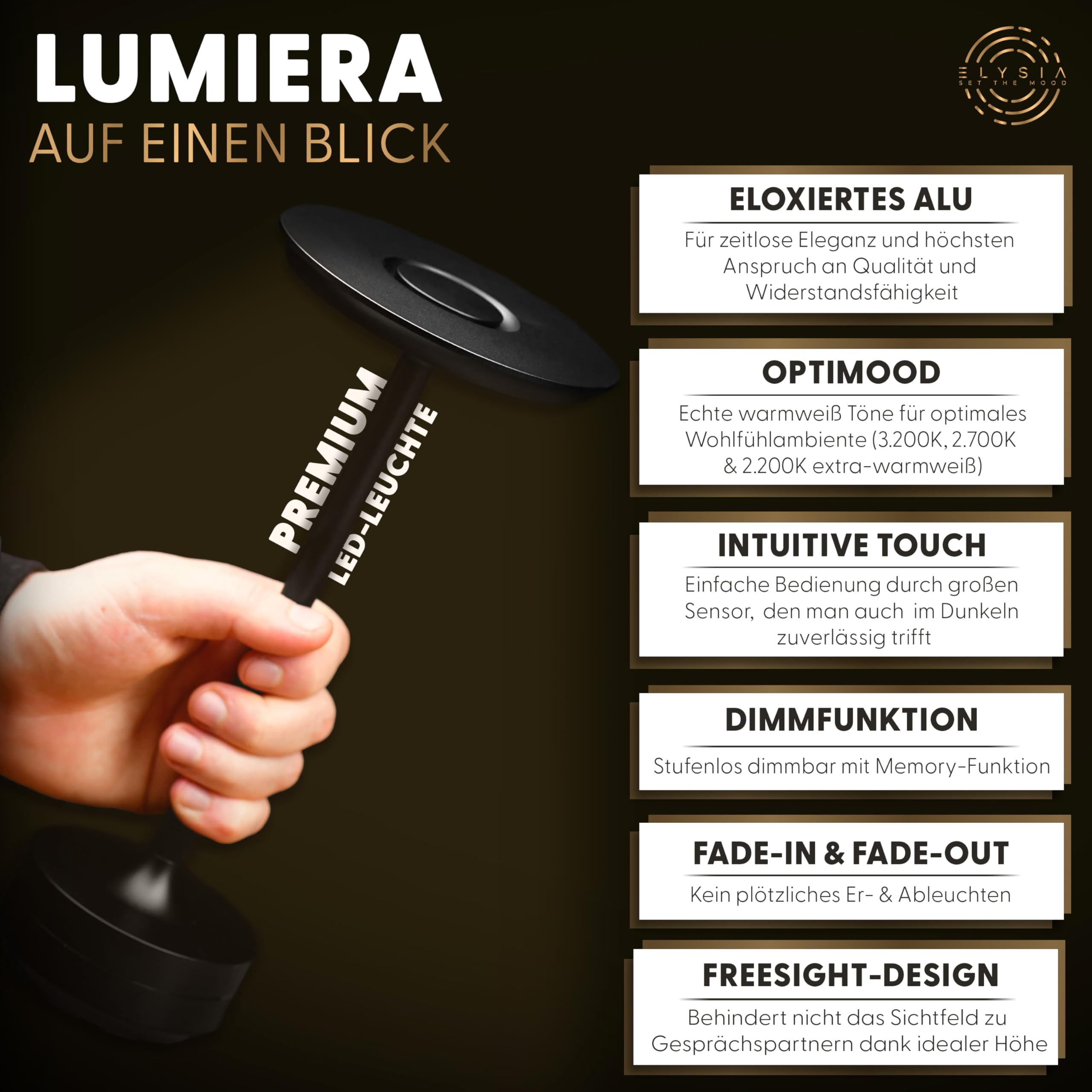 ELYSIA LED Akku-Tischleuchte Dimmbare Tischlampe Kabellos mit Touch für Innen & Outdoor [IP54], (extra-) Warmweiß [2200K-2700K-3200K], USB-C, Wieder-Aufladbare Nachttischlampe, Aluminium, Schwarz