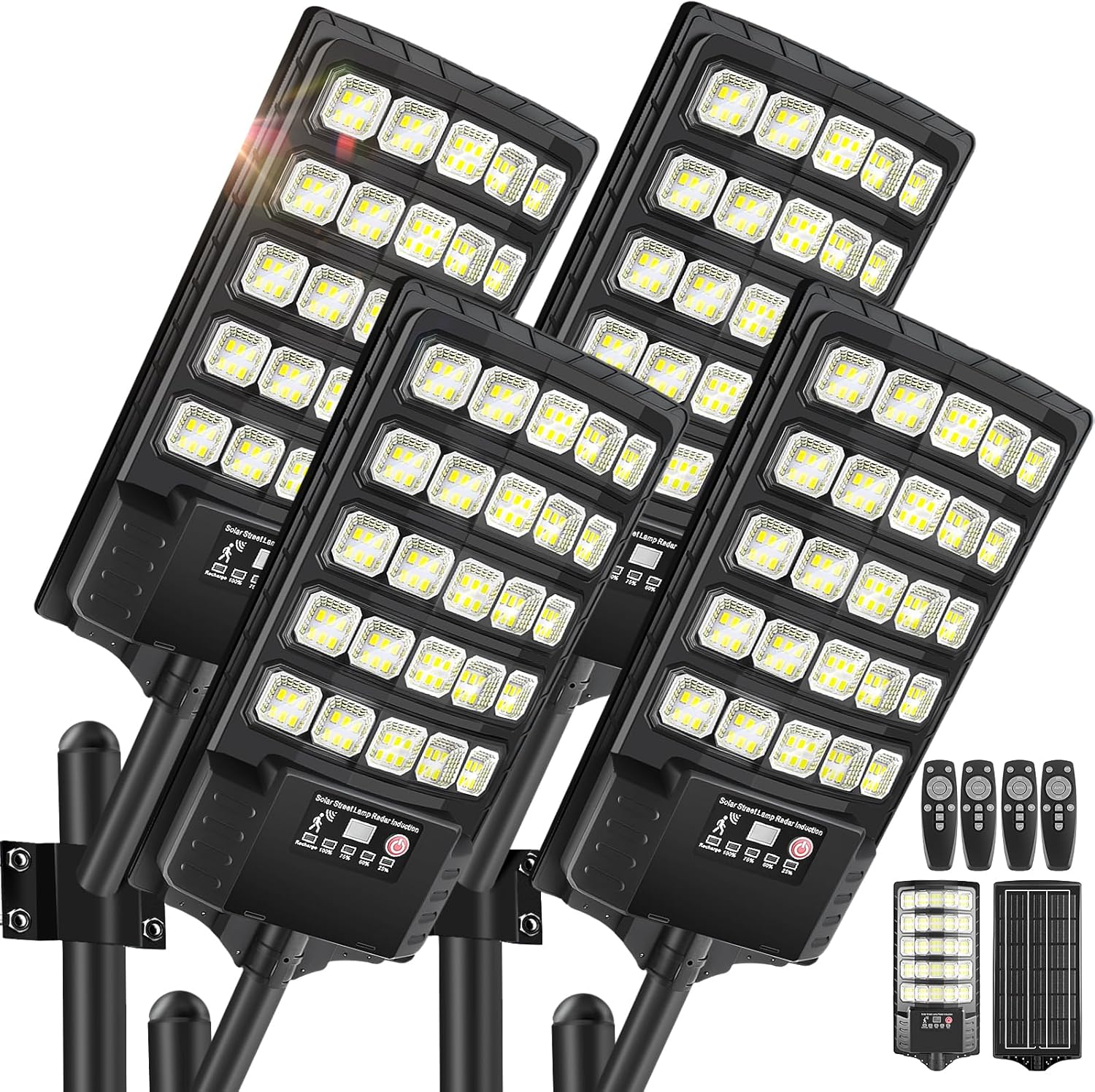 4Pack Solar Street Lights Outdoor Waterproof, 30000LM 6500K LED Motion Sensor Lights, Dusk to Dawn Solar Flood Light with Remote, Solar-Powered Parking Lot Light, Commercial Area Lighting for Outside