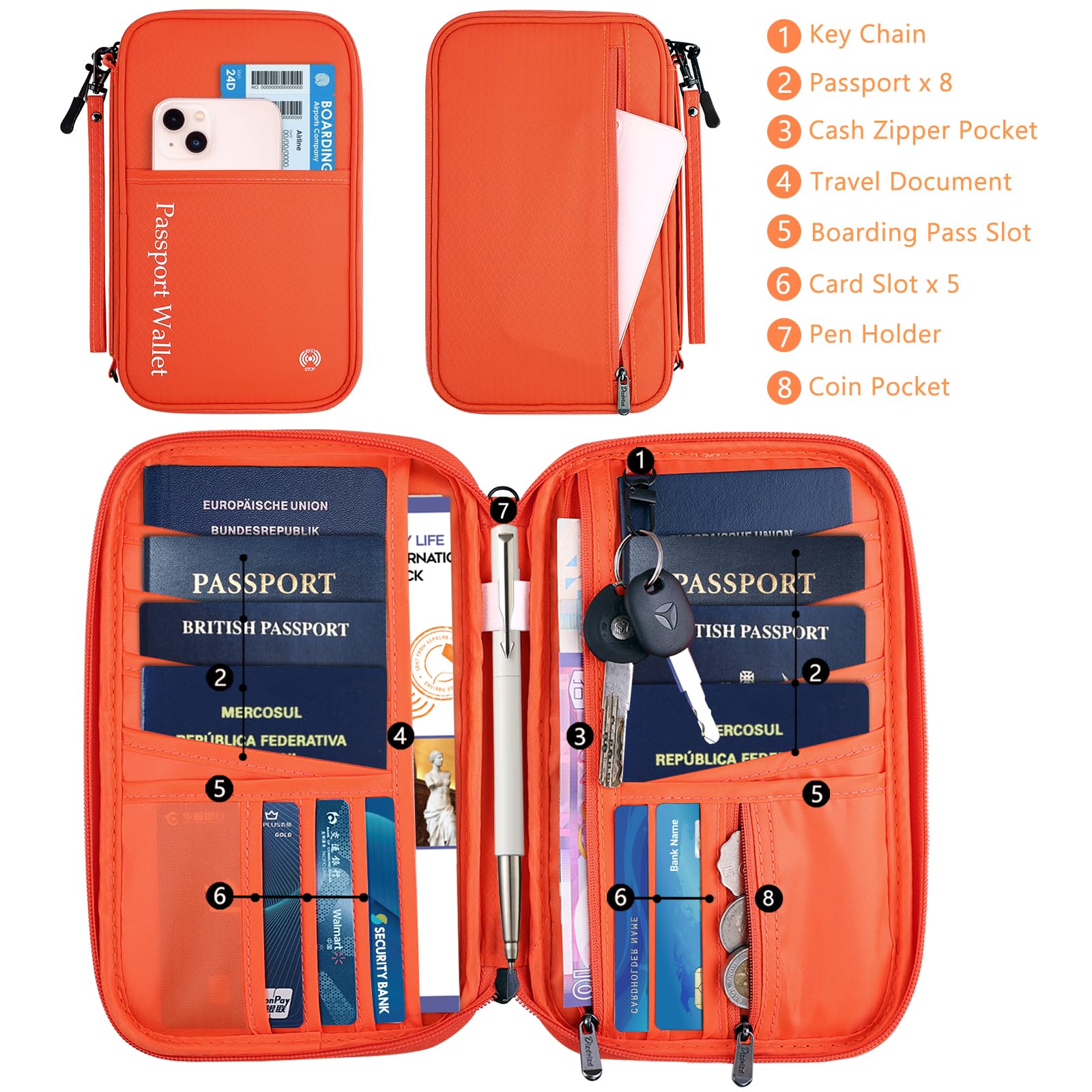 Portefeuilles Passeport de Voyage, Famille Porte-Passeport Organisateur Documents de Voyage pour 8 Passeports, Protège Passeport avec RFID pour Homme Femme, Orange