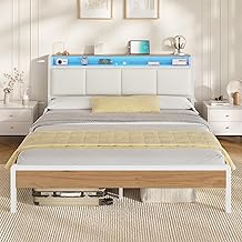 Bed 160 x 200 cm Bed with LED Lighting, Upholstered Bed, 160 x 200 cm, Loading Base with Slatted Base for Bedroom, Guest Room, White