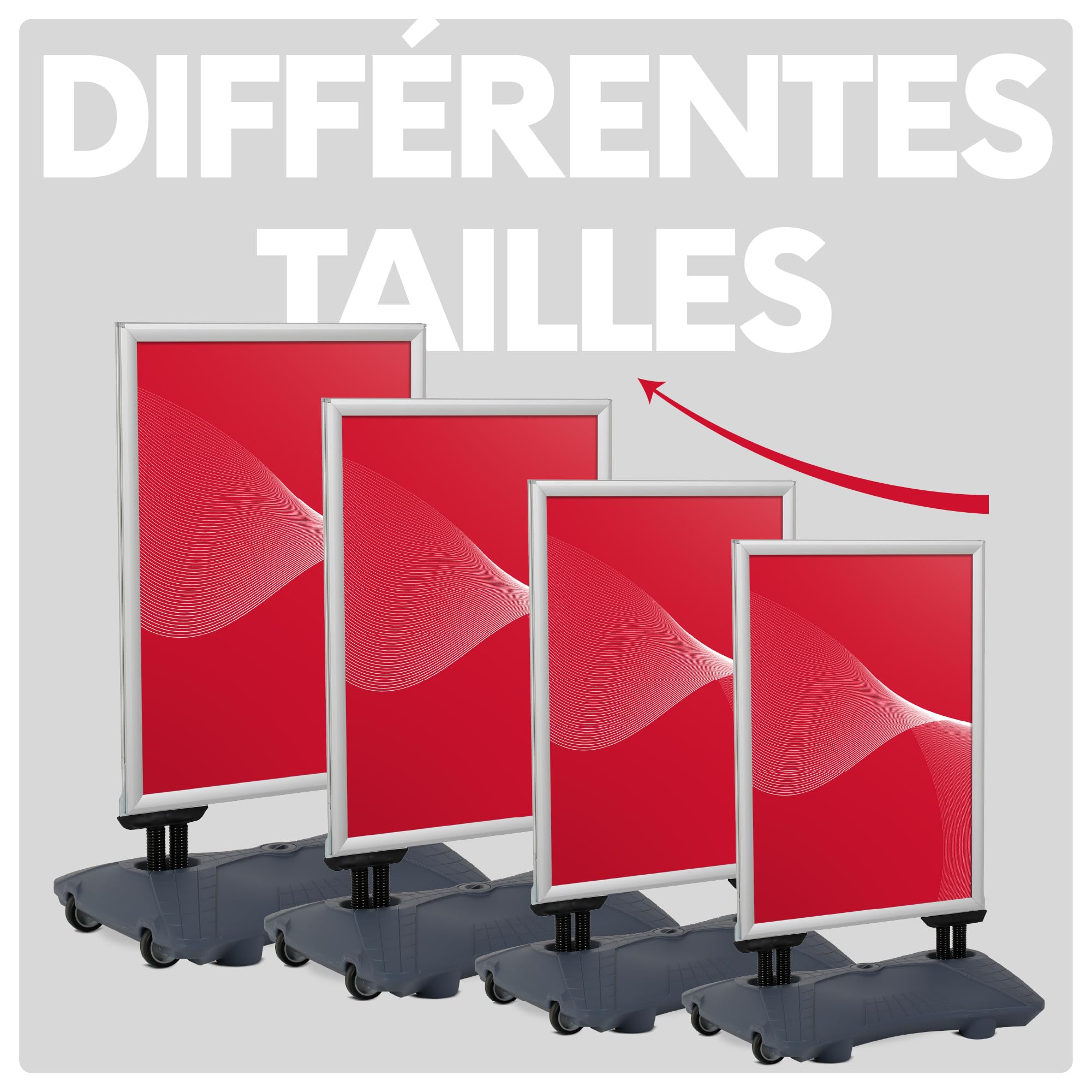 Présentoir publicitaire extérieur avec base rechargeable et roues | Support pour affiche avec cadre d'ouverture click | Idéal pour la publicité dans les rues et les commerces | A1 | Gris