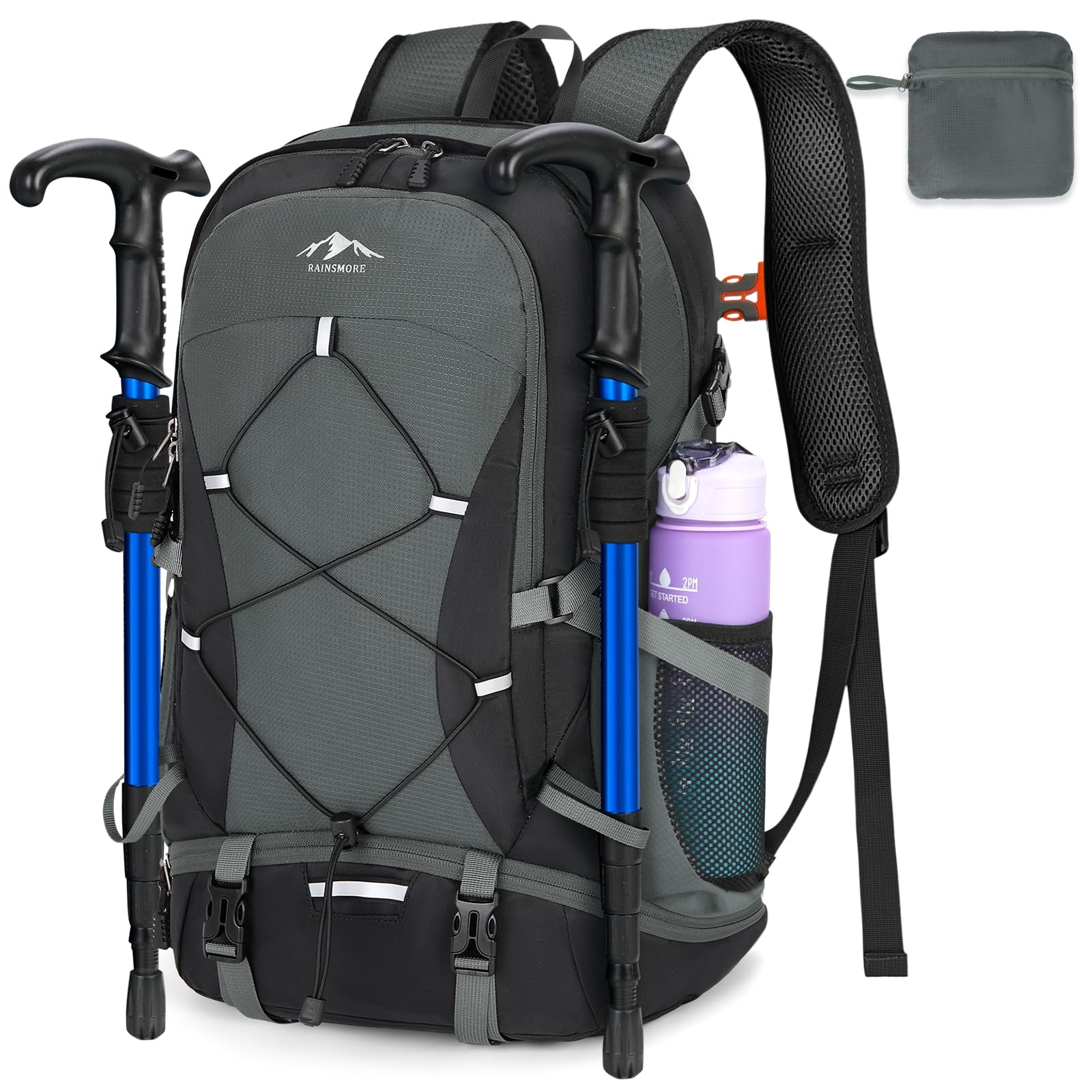 RAINSMORE Hiking Backpack 40L Foldable Lightweight Rucksack for Men Women Water Resistant Large Backpack for Walking Camping Climbing Travelling Black and Grey