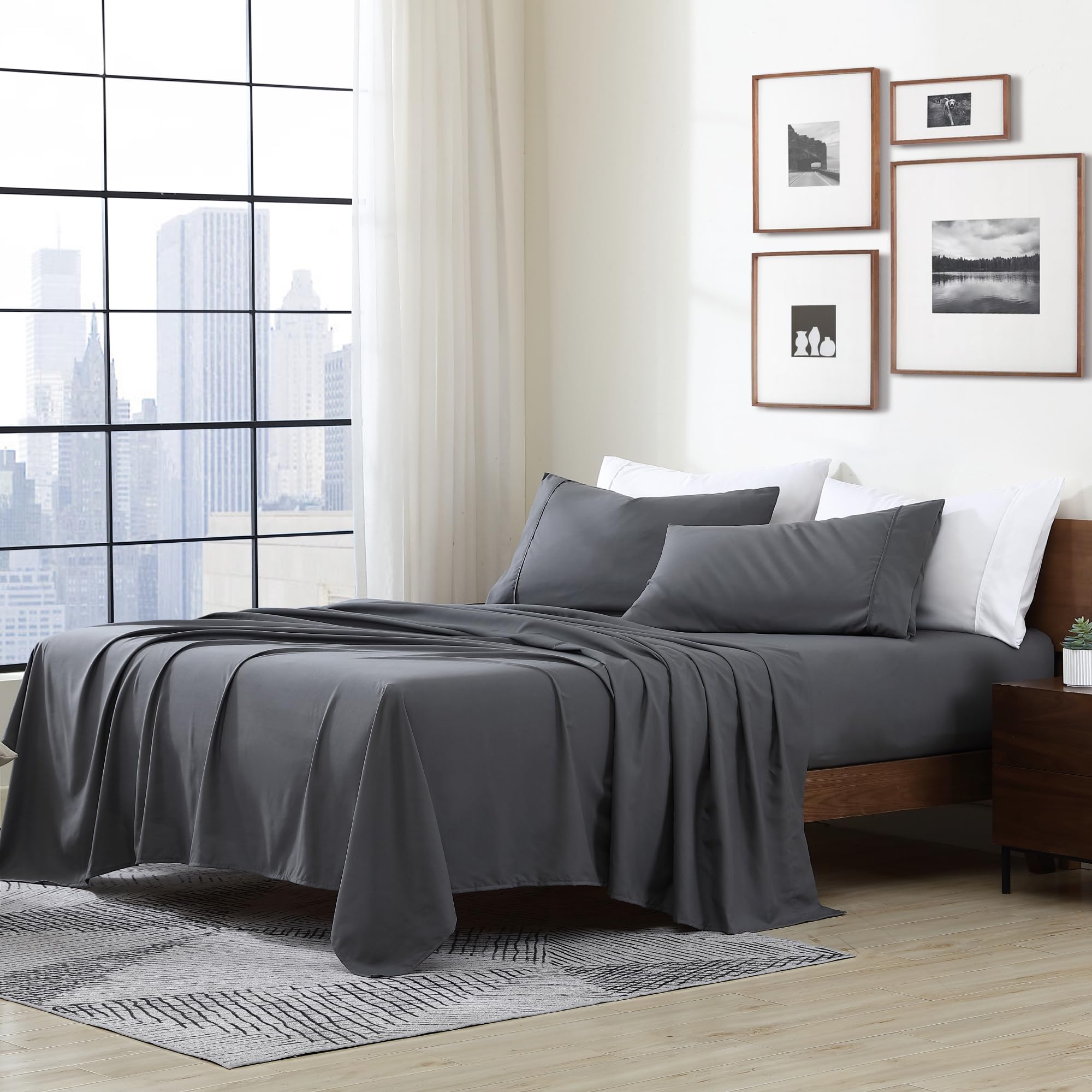 Cathay Home Essentials Ultra Soft Hypoallergenic Wrinkle Resistant Double Brushed Microfiber Bedding Sheet Set, Gray, King