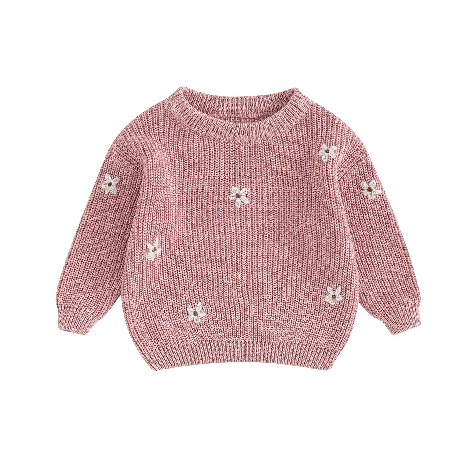 Pivanzore Baby Girl Toddler Knit Sweater Winter Clothes Cute Flower Crewneck Long Sleeve Pullover Newborn Infant Warm Tops Rose Pink