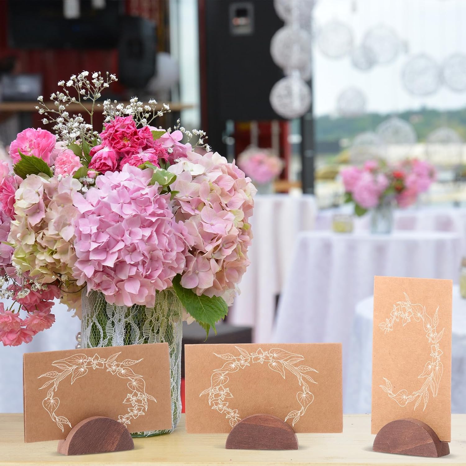 24 Pcs Wooden Table Number Stands Wedding Table Name Holder Semicircular Design Place Card Holders with 24 Pcs Tented Cards for Retail Shop Wedding Party Events Decoration(Brown) - Image 6