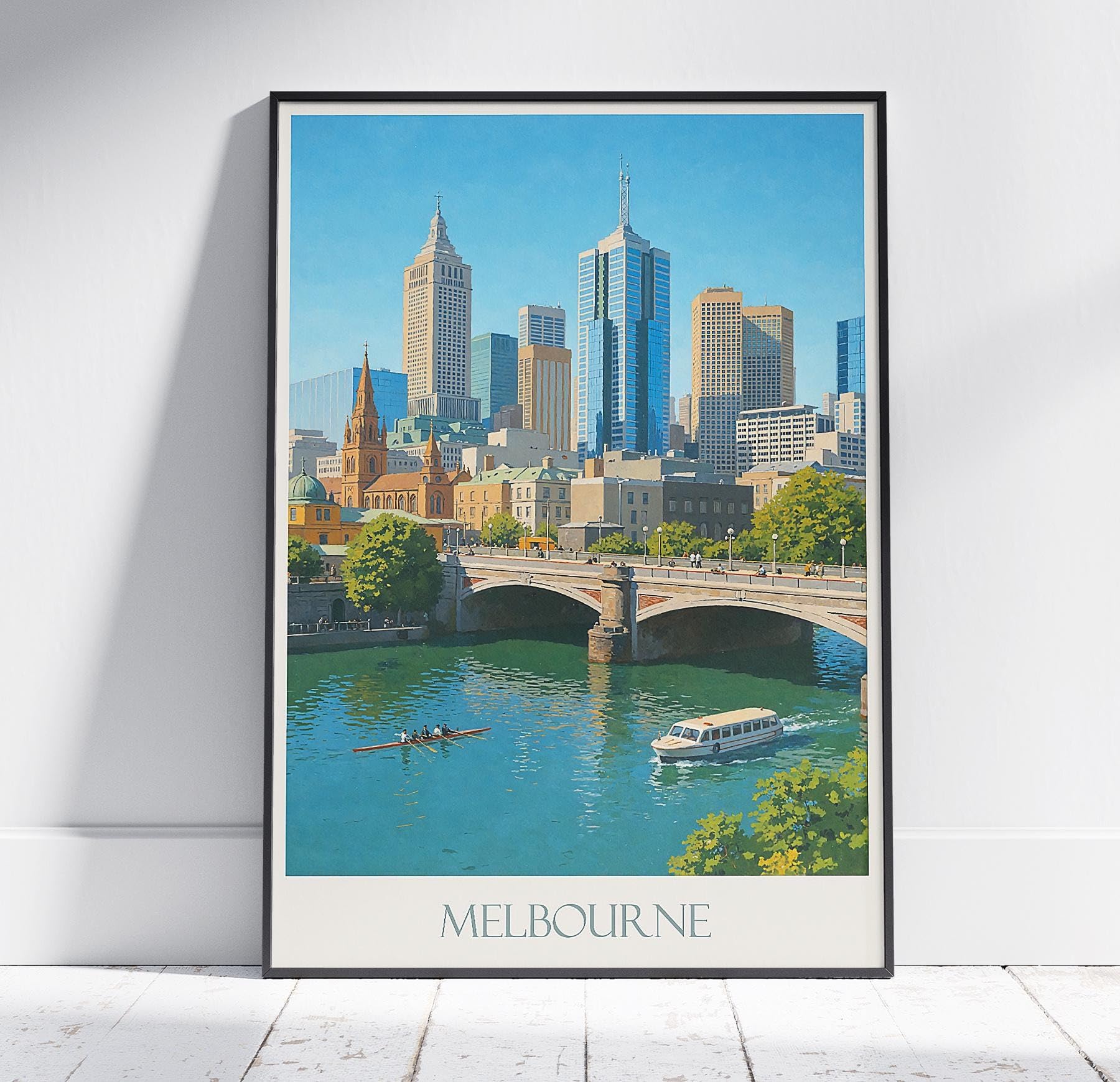 Melbourne Travel Print ~ Australia Poster | Painted Wall Art & Home Decor | Framed Personalized Print | Vacation Travel Gift (Unframed, A3 (30x42cm))