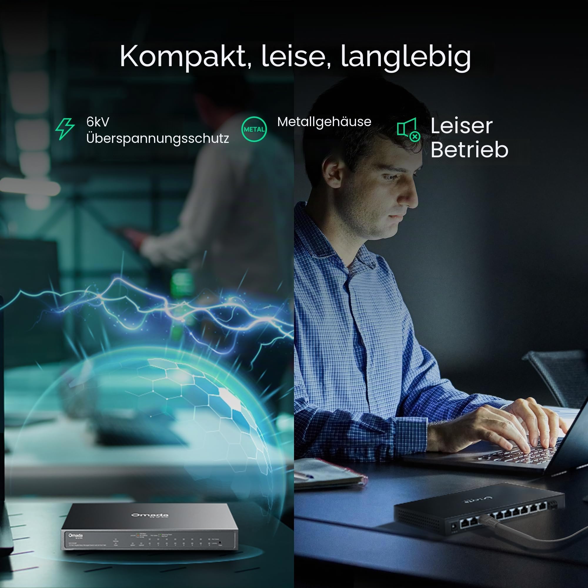 TP-Link Omada ES210GMP, 10-Port Gigabit Easy Smart Switch, 123W Budget, 8 x PoE+ Ports, 1 x RJ45 + 1 x SFP Combo, Plug und Play, VLAN QoS IGMP Snooping, PoE Auto-Recovery Lüfterlos Cloud-Verwaltung