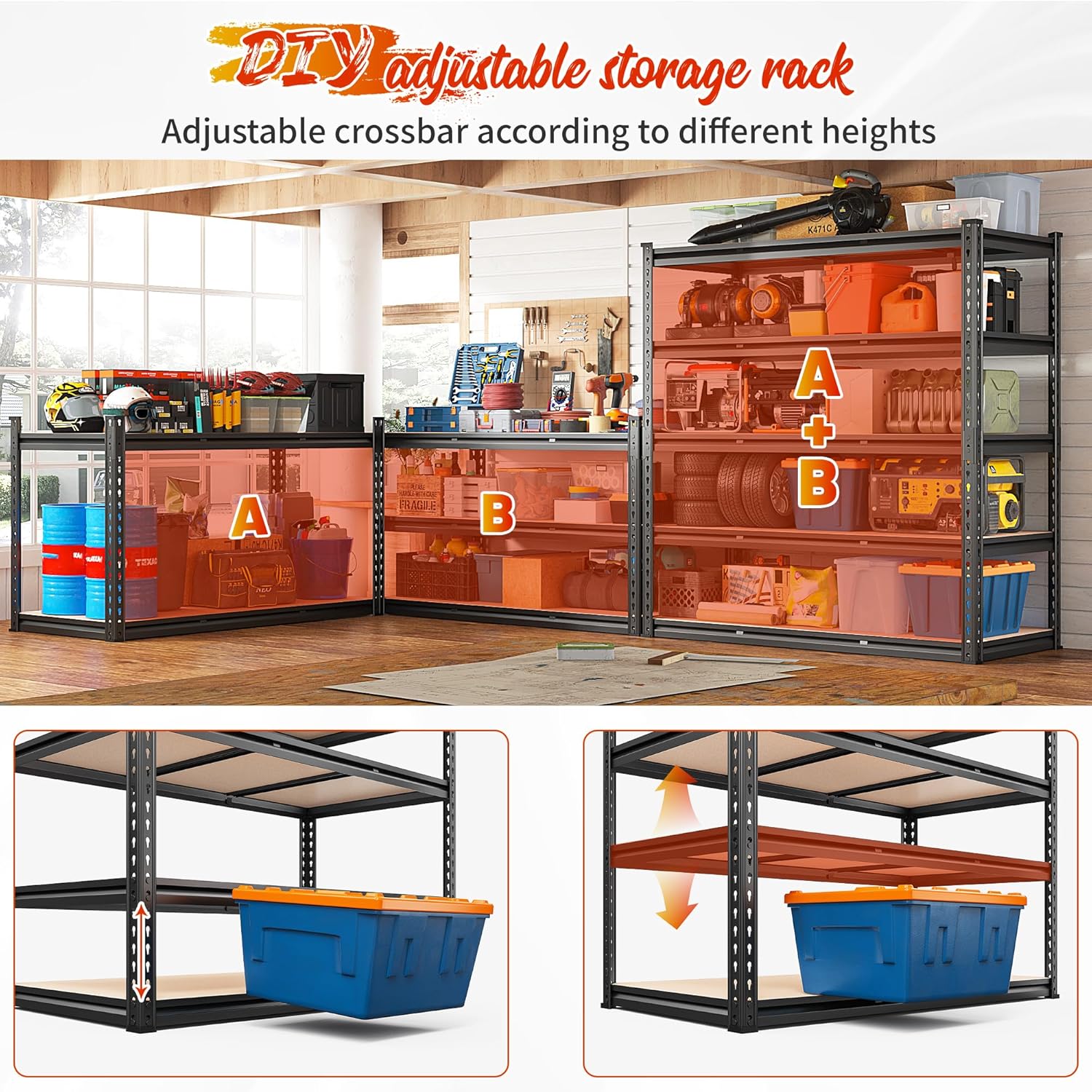 REIBII 48" W Garage Shelving 3020LBS Storage Shelves 5 Tier Industrial Shelving Adjustable Metal Storage Shelves for Garage, Basement, Warehouse, Commercial, Easy Assemble, 48" W x 72" H x 24" D - Image 6