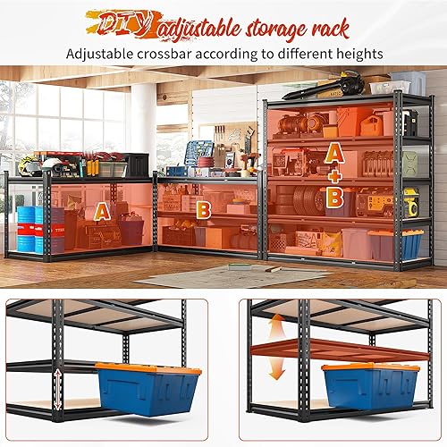 Miniatura 6 de REIBII Estantería de garaje de 48" de ancho, estantes de almacenamiento de 3020LBS, estantes de 5 niveles, estante resistente para garaje ajustable