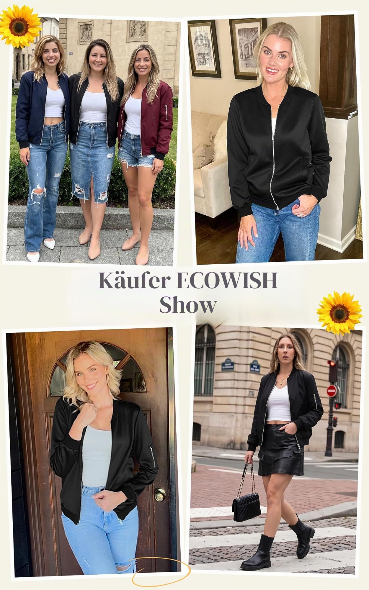 ECOWISH Damen Casual Jacke Blumenmuster Langarm Bomberjacke Reißverschluss Stehkragen Outwear Kurz Coat Herbst Frühling