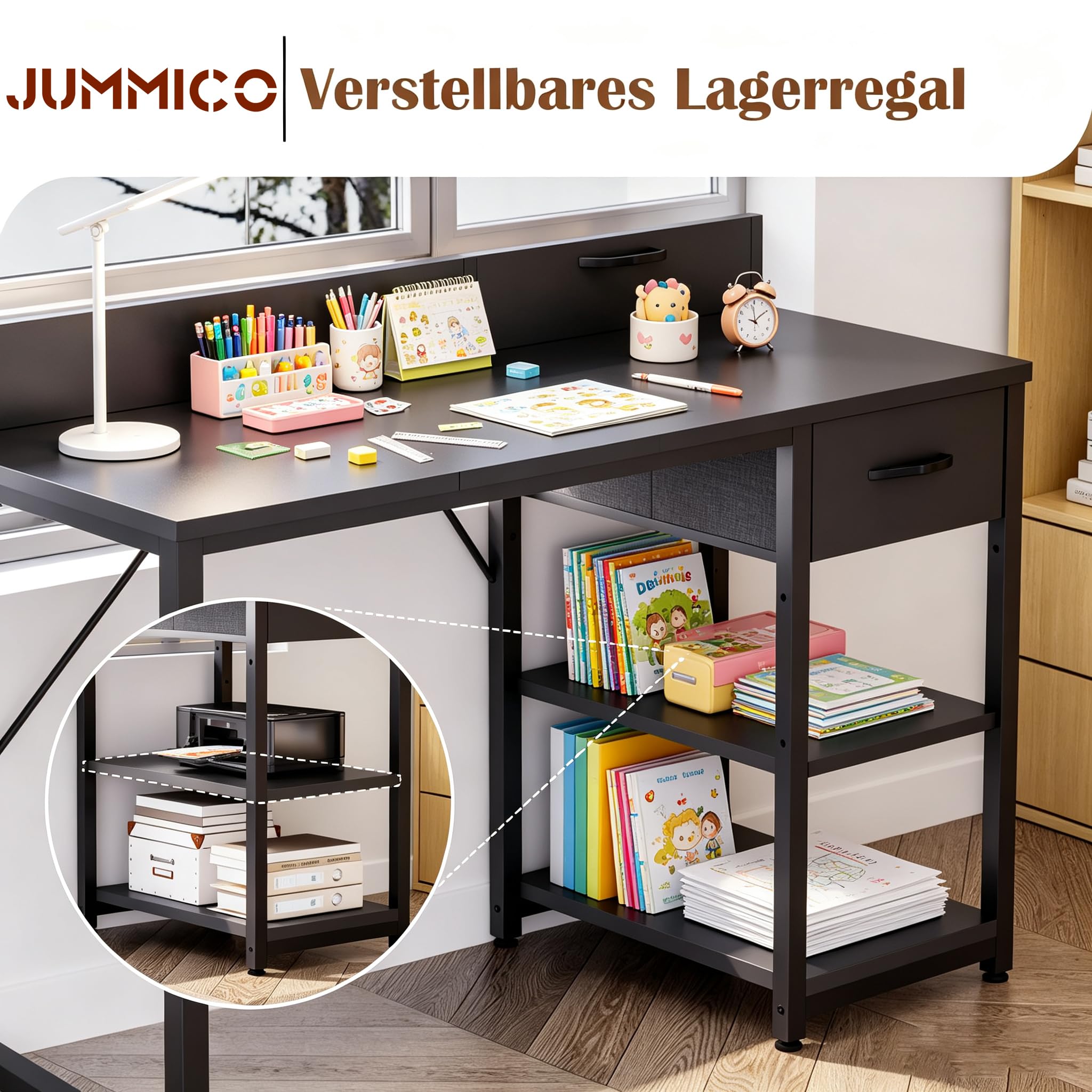 JUMMICO Scrivania da 120 x 50 cm, piccola scrivania con 3 cassetti e organizer da appendere, scrivania per bambini per casa, studio e giochi, colore nero