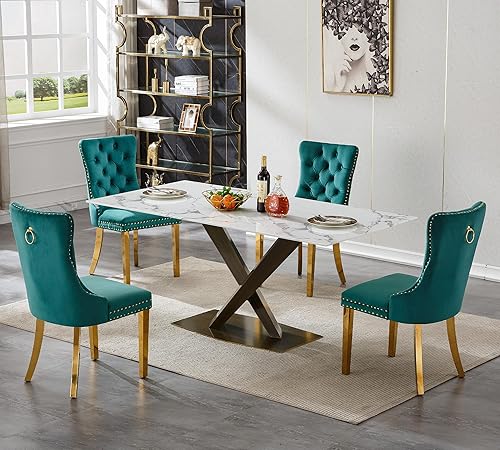 Miniatura 21 de Juego de mesa de comedor de mármol blanco para 6, 70 pulgadas, mesa de comedor de mármol blanco con 6 sillas de terciopelo beige y base de acero al