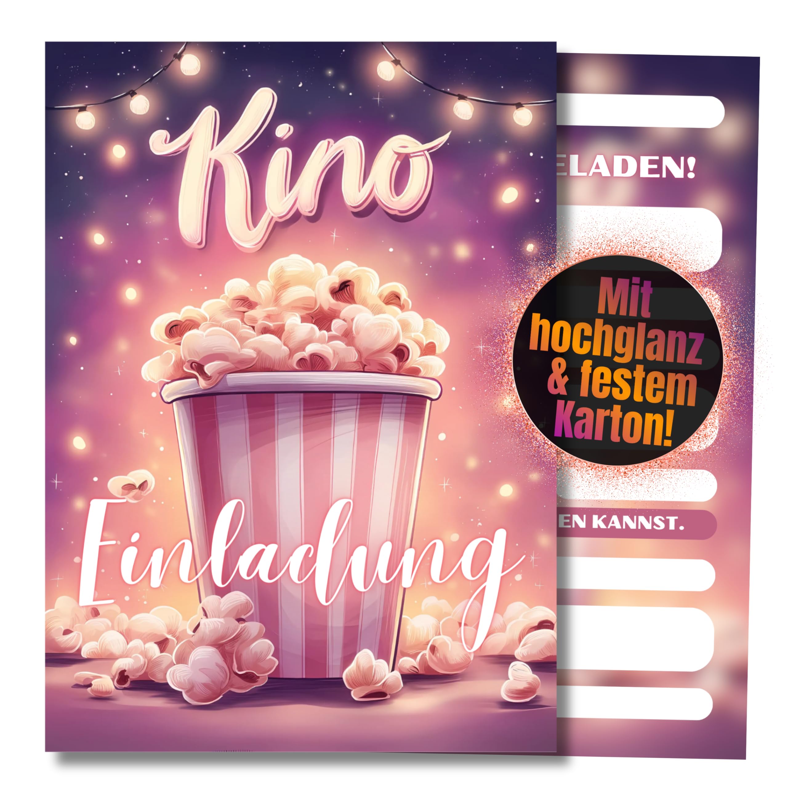 HIDEBLOOM Kino Einladungskarten Kindergeburtstag Mädchen und Jungen - 12 Stück - DIN A6 (10,5 cm x 14,8 cm) - Einladungskarten Kindergeburtstag Kino - Geburtstagseinladungen Kino Popkorn