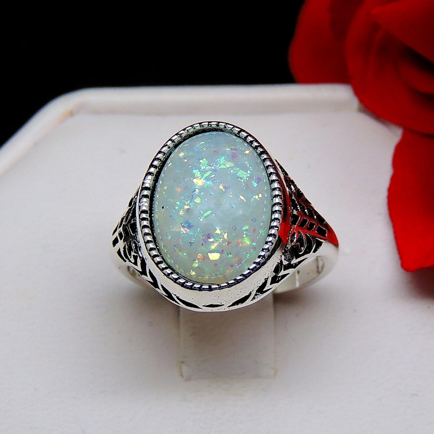 Chandler Birthstone Ring for Women by Ginger Lyne |Large White Oval Simulated Opal Engagement Ring for Her |White Gold Plated October Birth Month Gemstone Statement Design