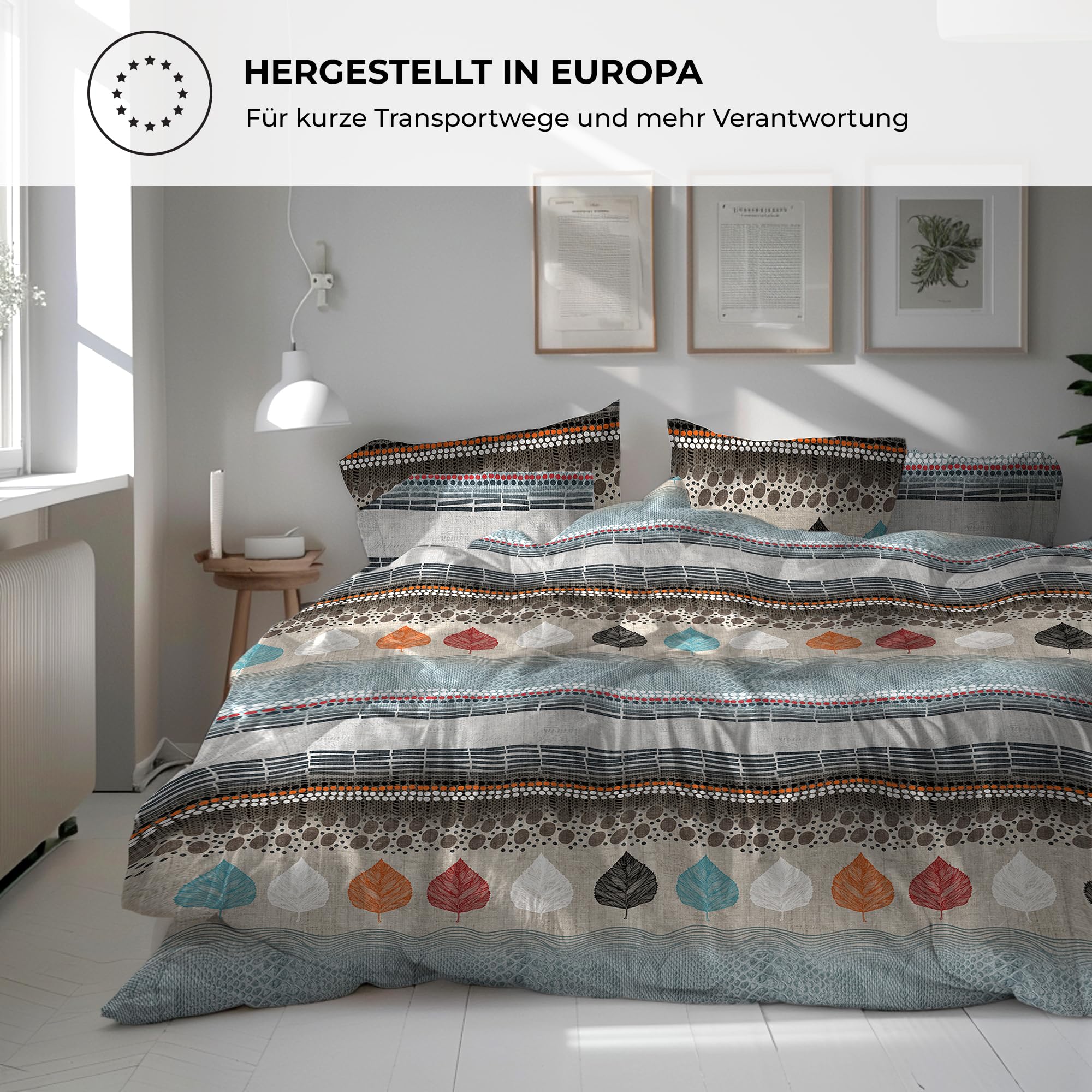 Biancheria da letto di alta qualità, 200 x 200 cm, 100% cotone traspirante con chiusura lampo, renforcé, marrone, blu, beige, 3 pezzi, copripiumino 200 x 200 cm + 2 federe 80 x 80 cm