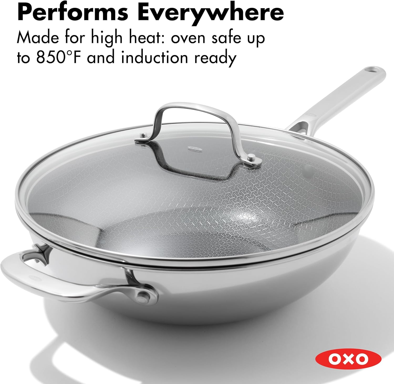 OXO Hybrid 12” Nonstick Wok with Glass Lid, PFAS-Free Ceramic Stir-Fry Pan, Induction & All Cooktop Compatible, Dishwasher Safe, Fusion Boost Tech for Powerful Searing, Mirror Polished Tri-Ply - Image 7