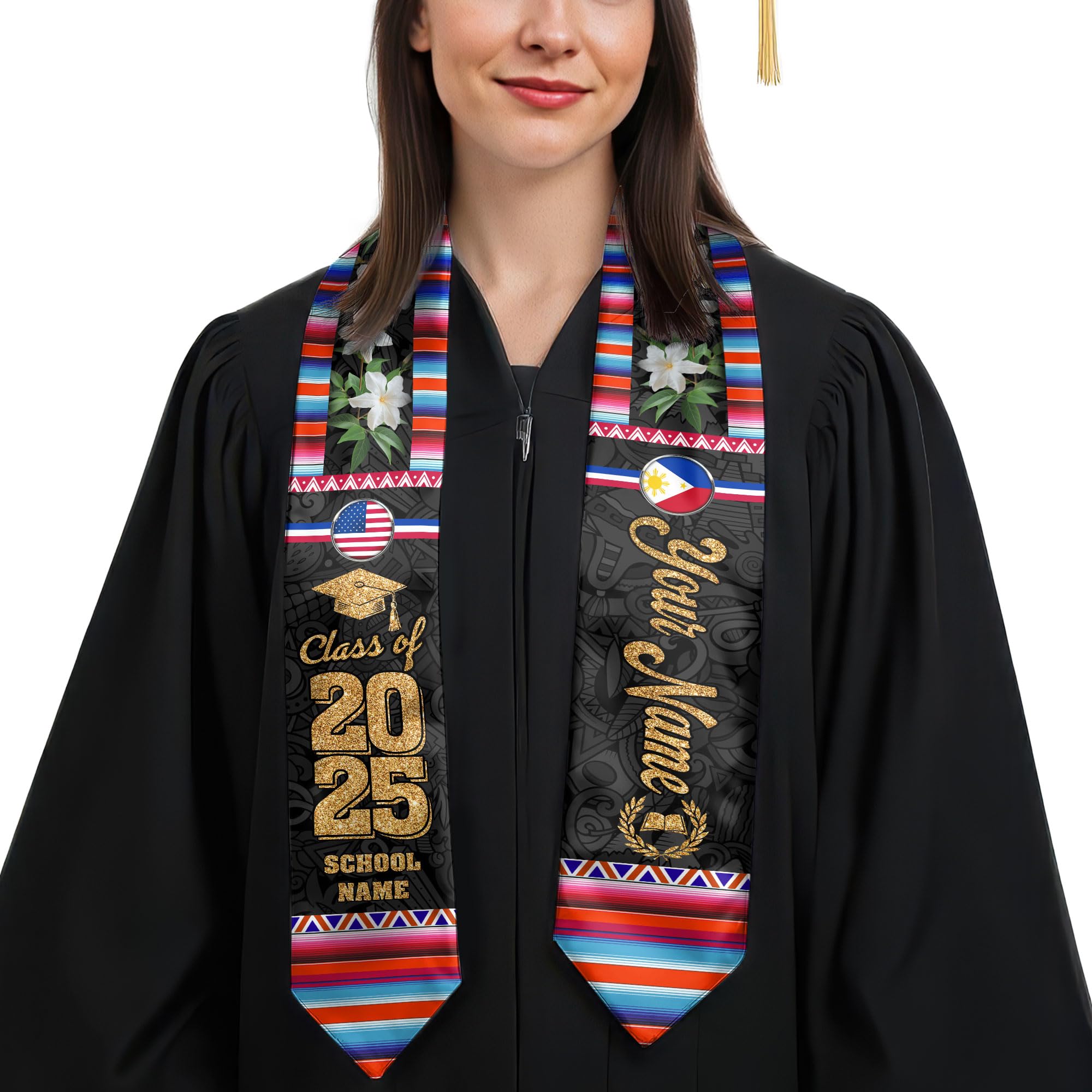 MonkeyVan Custom Filipino Graduation Sash 2025,Personalized Philippines Graduation Stole,Philippine-American Flag Graduation Sash S203
