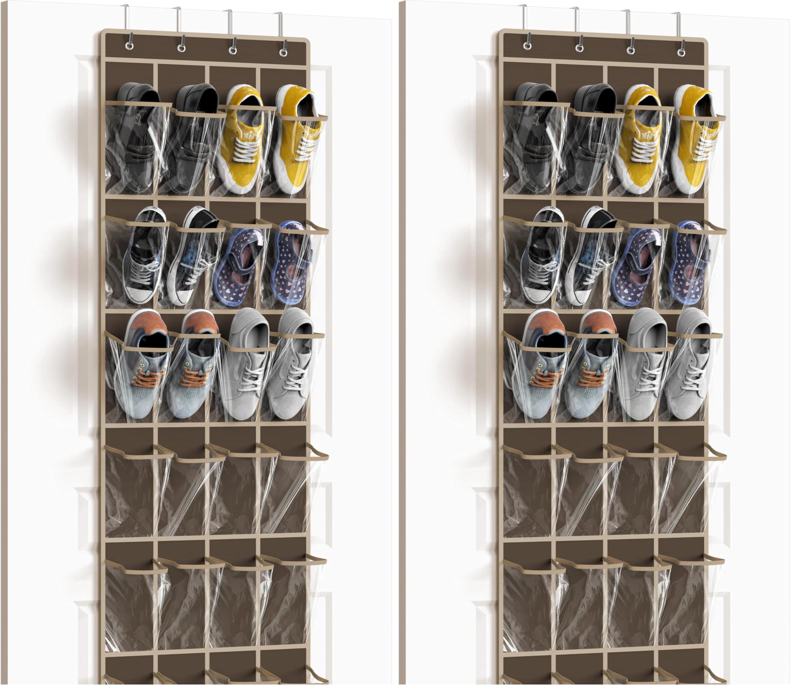 Simple Houseware 24 Pockets - Crystal Clear Over The Door Hanging Shoe Organizer, Brown (64'' x 19'') (Pack of 2)