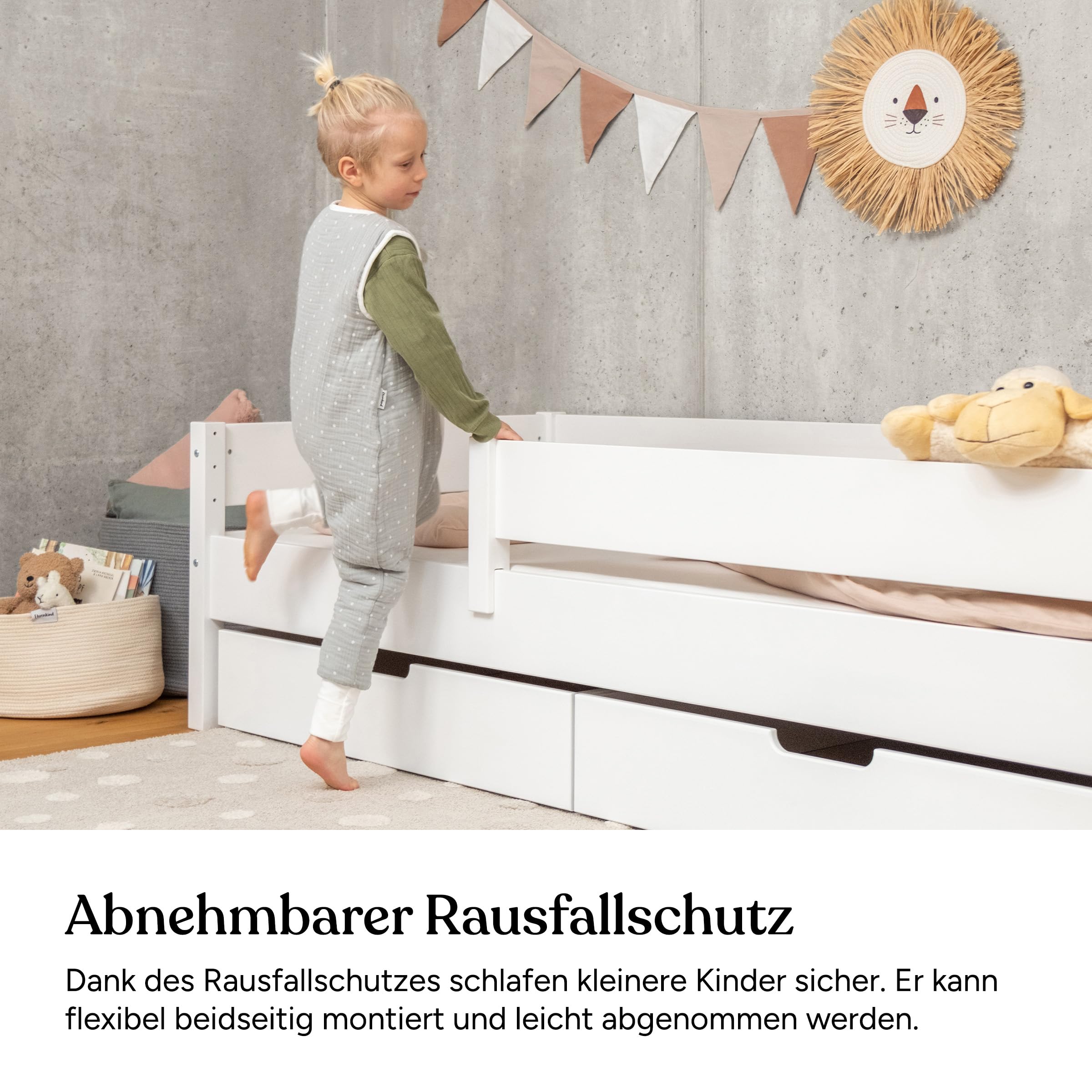 Ehrenkind® Kinderbett Buche Nova | FSC® Zertifiziert | Kinderbett mit Rausfallschutz | Massivholz inkl. Lattenrost | 120x200cm weiß mit Bettkasten | Bett 120x200 | Kinder Bett