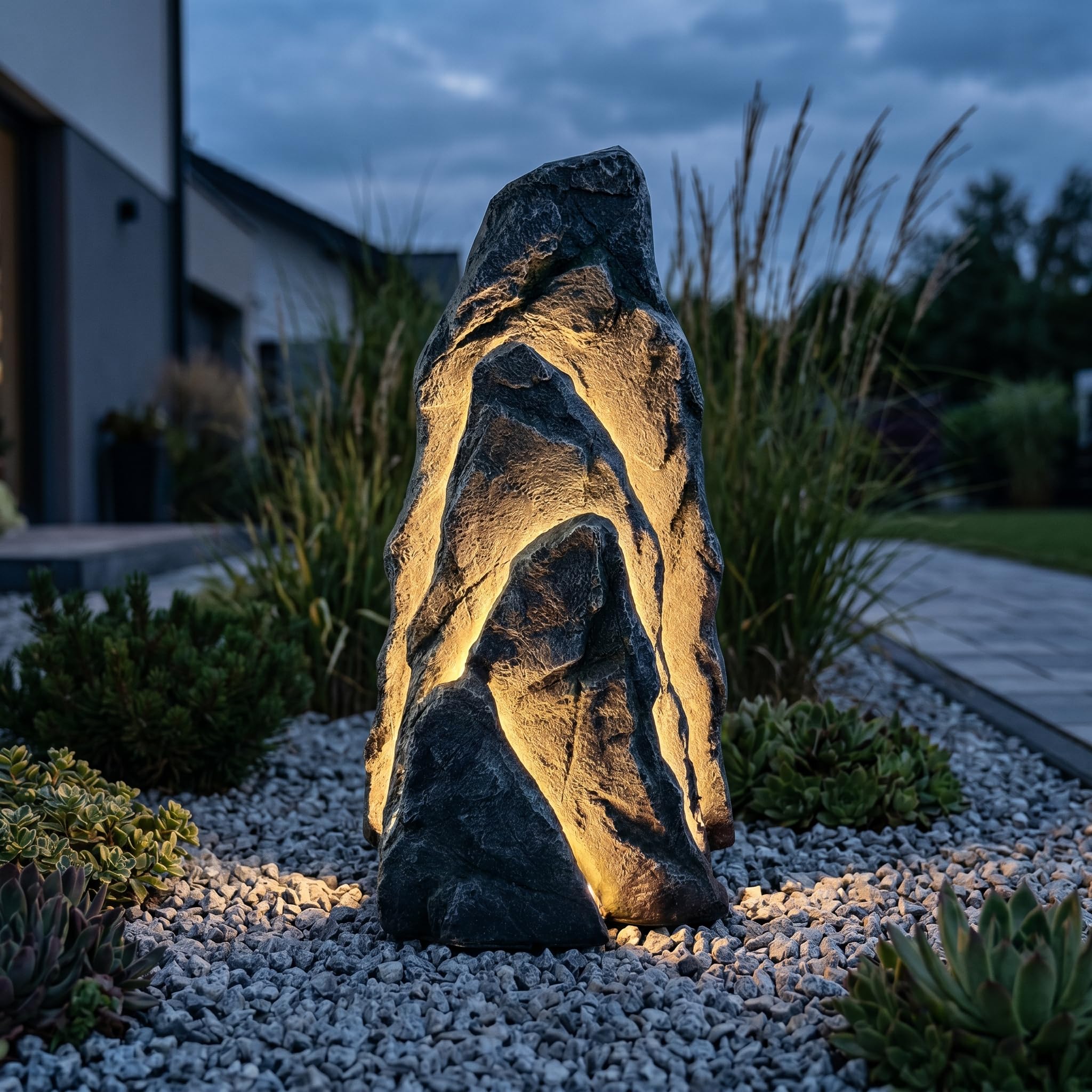 Arnusa Großer LED Leuchtfelsen Gartenfelsen 80 cm, Kunstfelsen mit warmweißen LED-Stripes Gartenleuchte Gartendekoration Teichdekoration Gartenfigur beleuchtet mit Stecker