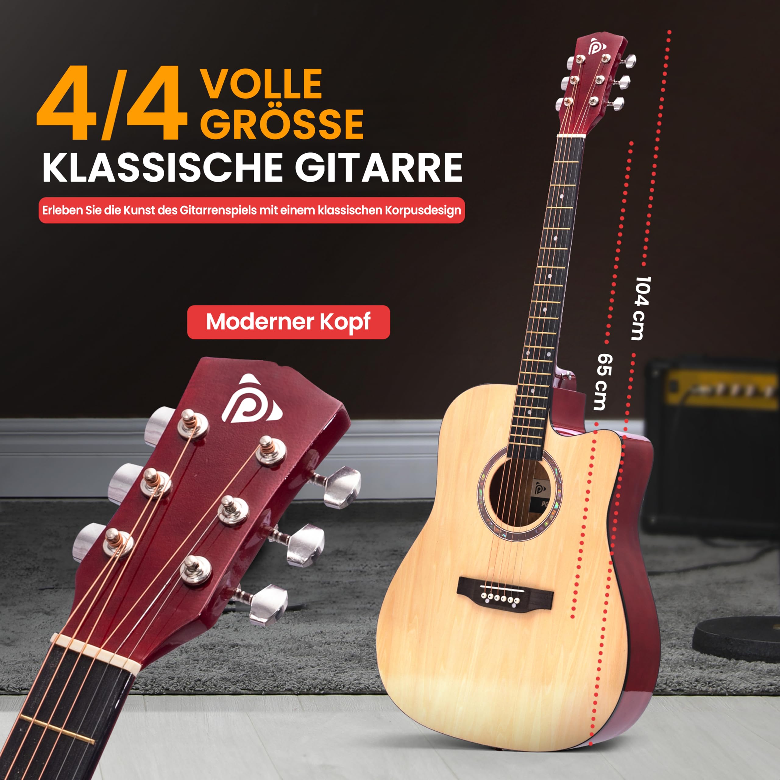 Pyle Cutaway-Akustikgitarre, Rechtshändig, 4/4 Größe, Natur