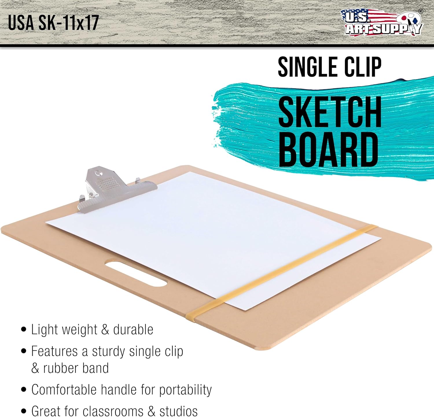 U.S. Art Supply 11" x 17" Artist Sketch Tote Board - Lightweight Hardboard Drawing Board with Handle, Clip & Rubber Band for Art, Sketching, Travel, Studio
